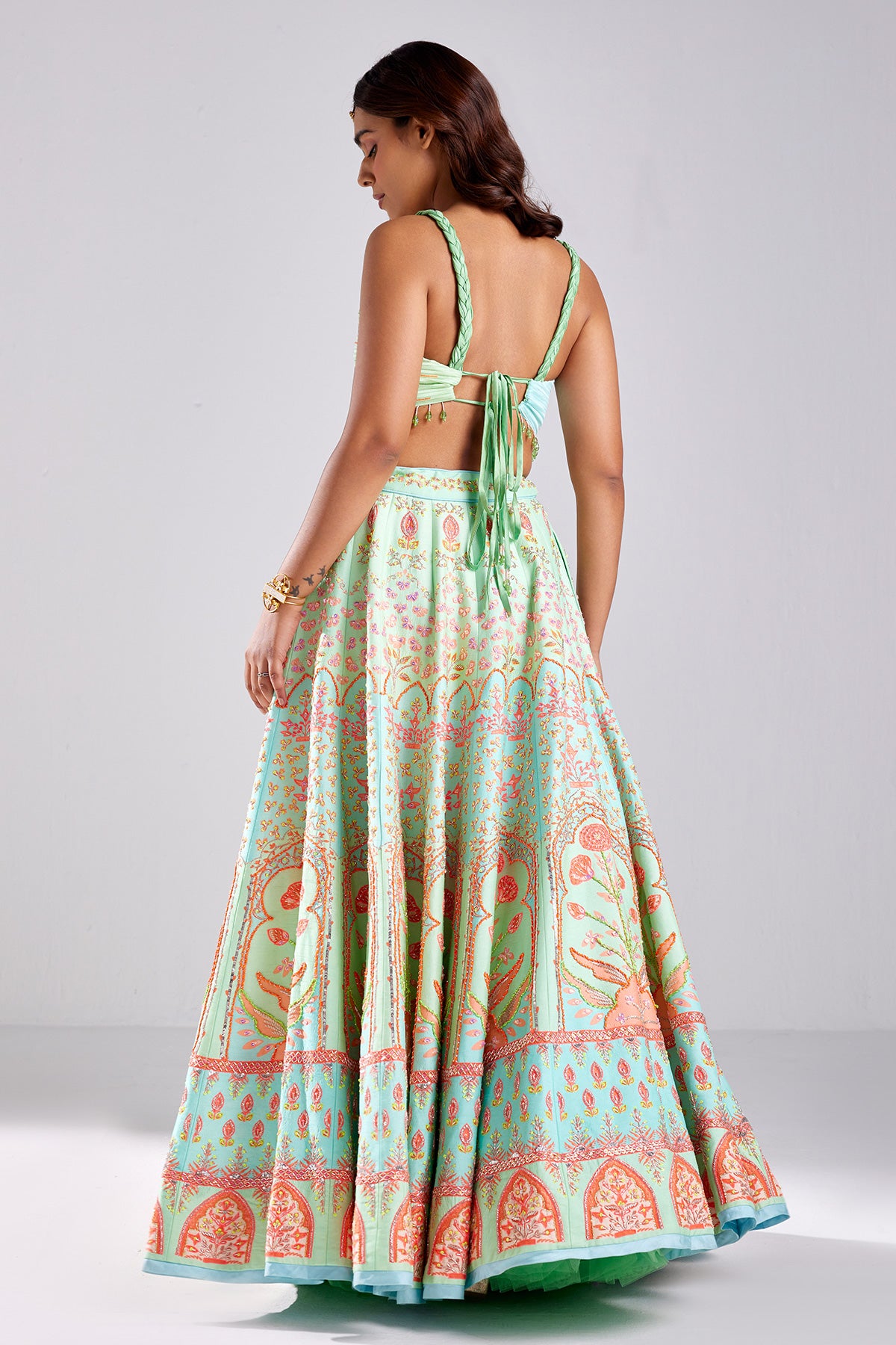 Seagreen Floral Print & Embroidered Lehenga Set