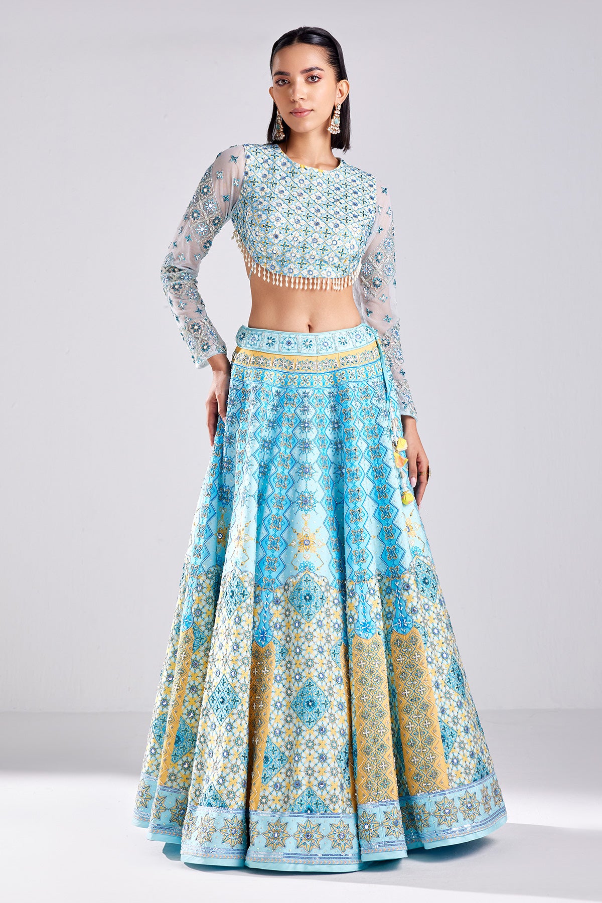 Powder Blue Geometric Print & Embroidered Lehenga Set