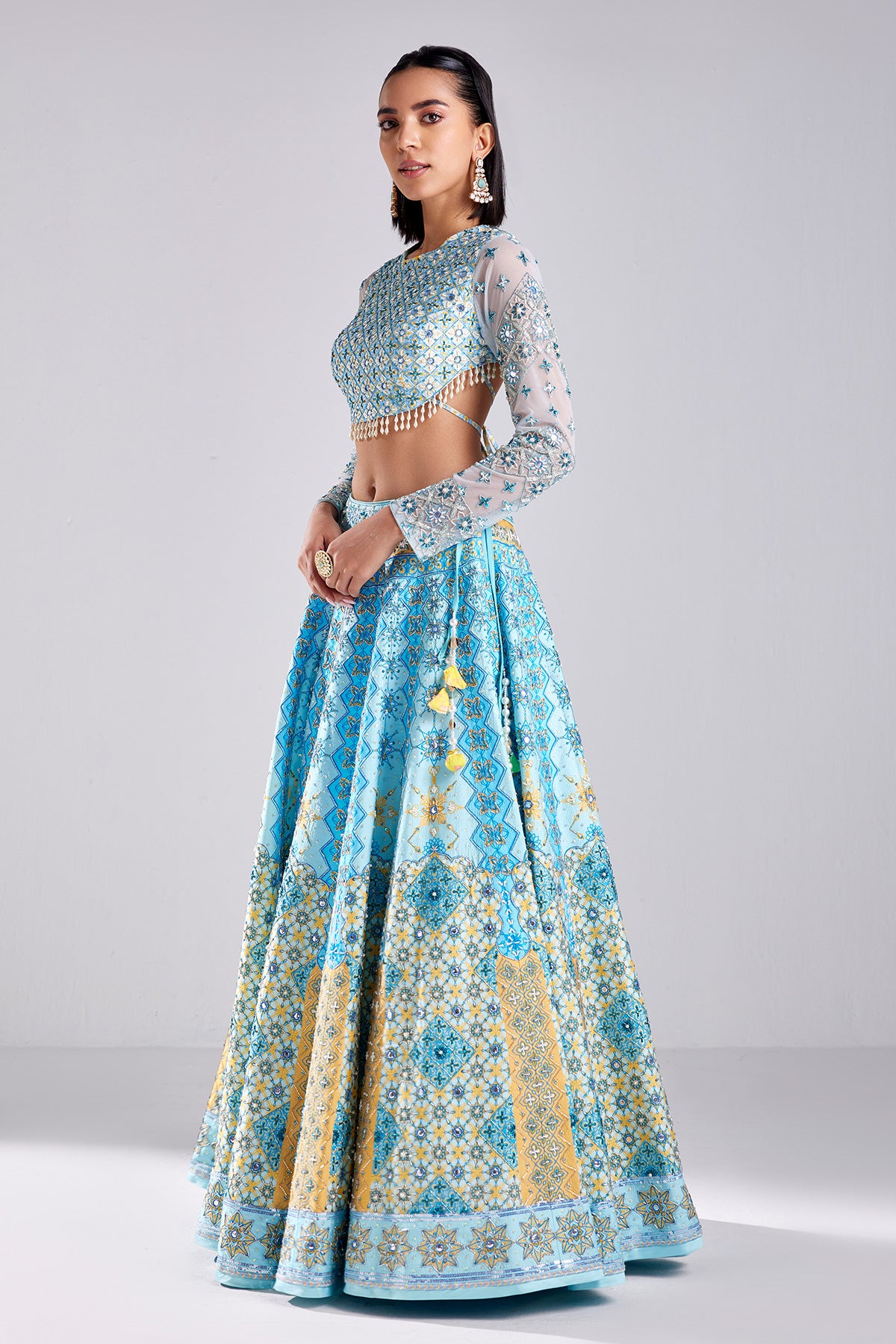 Powder Blue Geometric Print & Embroidered Lehenga Set
