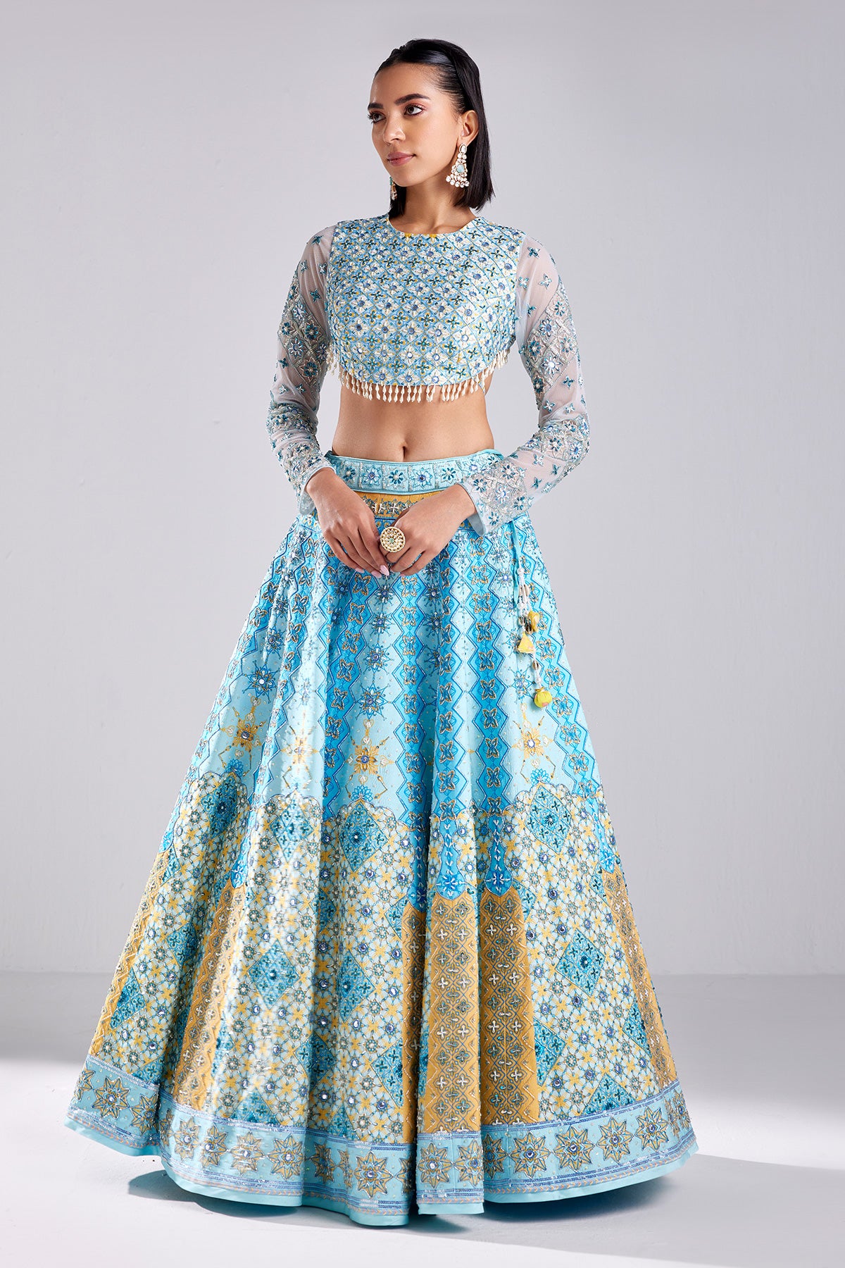 Powder Blue Geometric Print & Embroidered Lehenga Set