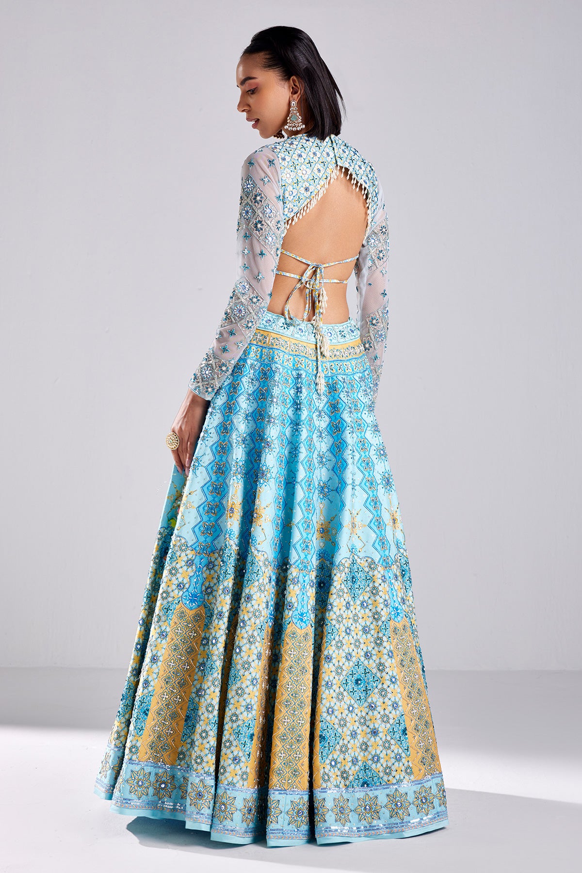 Powder Blue Geometric Print & Embroidered Lehenga Set