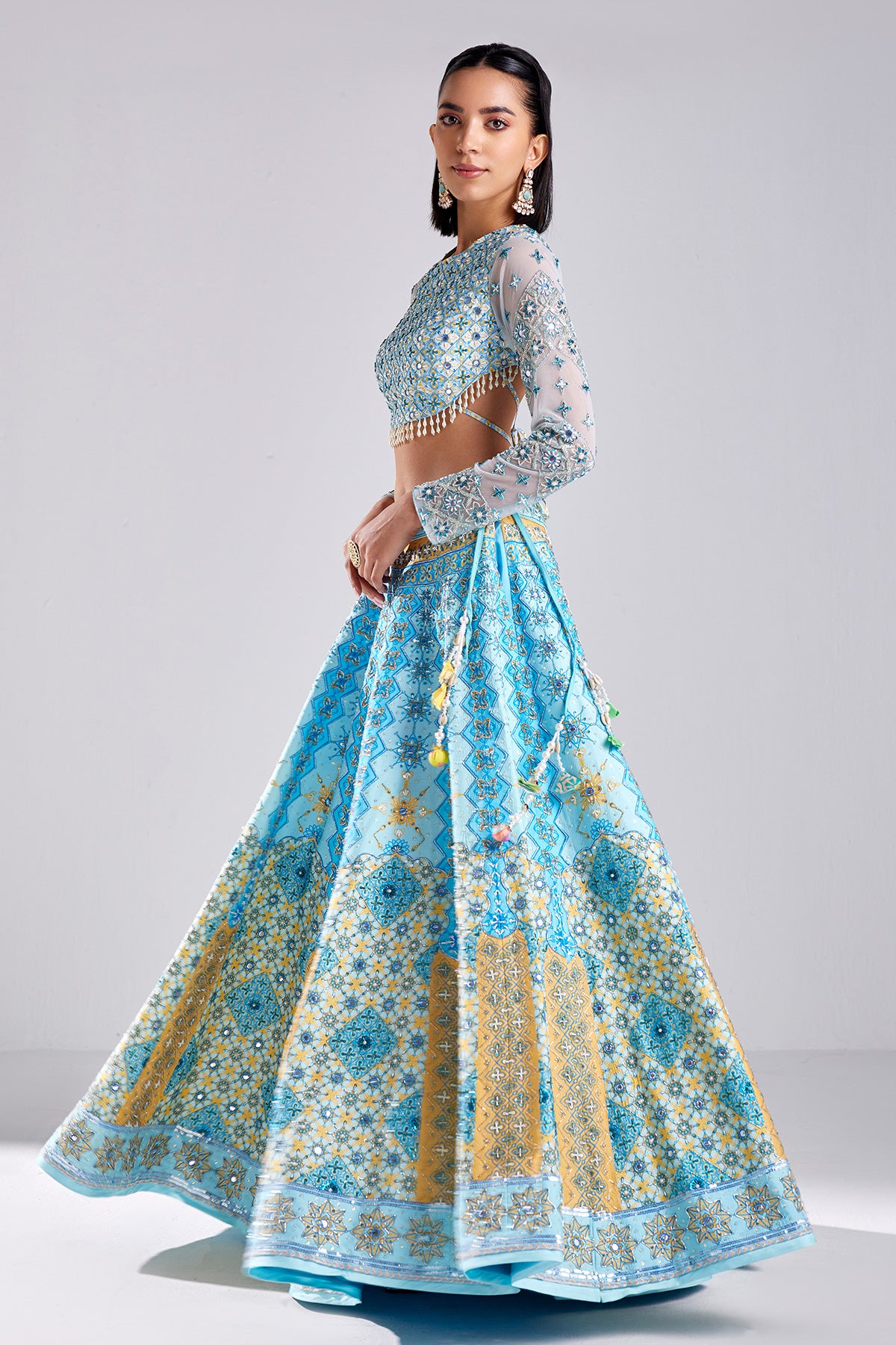 Powder Blue Geometric Print & Embroidered Lehenga Set
