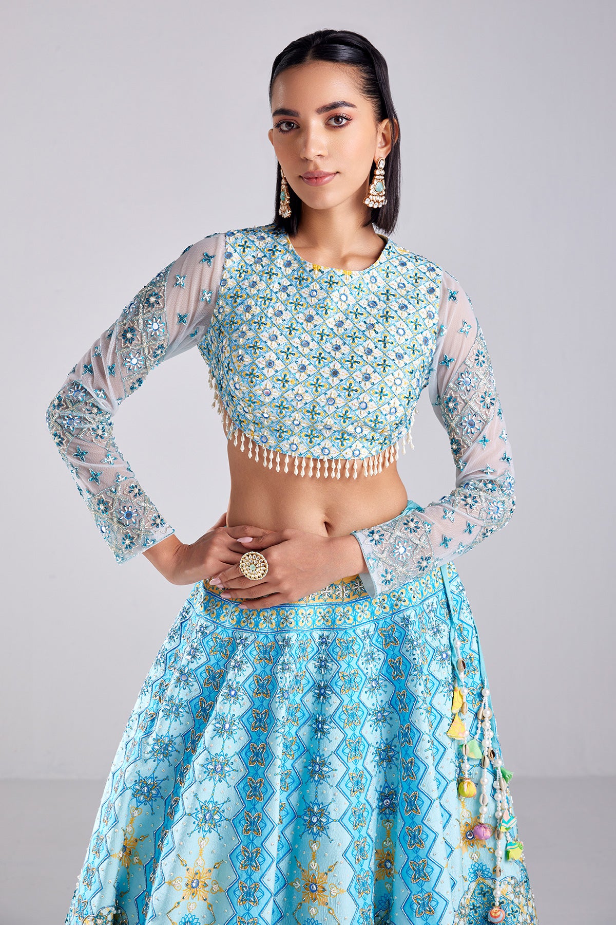 Powder Blue Geometric Print & Embroidered Lehenga Set