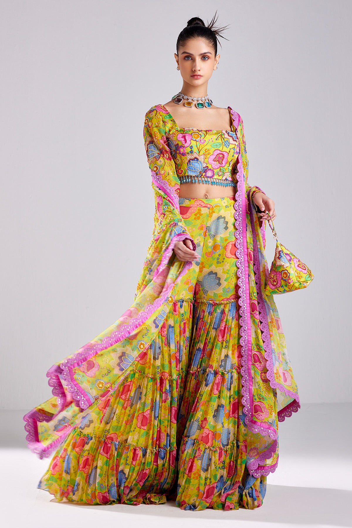 Yellow Floral Print & Embroidered  Crop Top  Pants Set