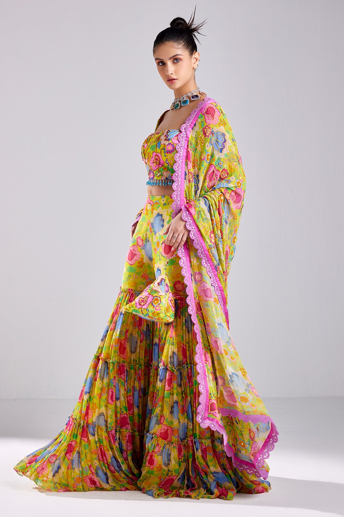 Yellow Floral Print & Embroidered  Crop Top  Pants Set