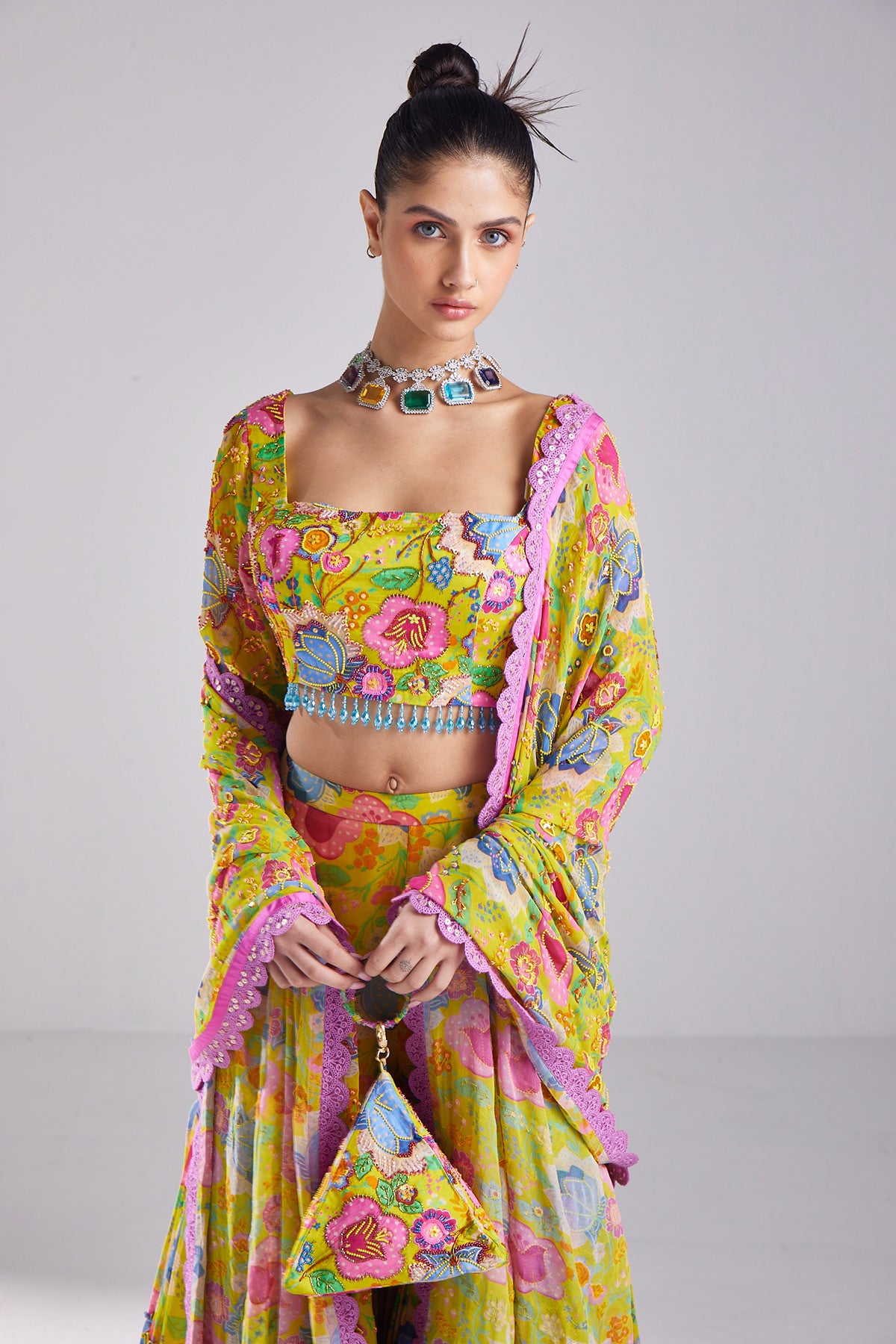 Yellow Floral Print & Embroidered Crop Top Pants Set