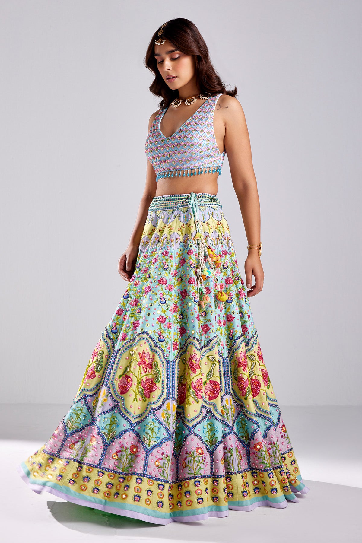 Tiffany Blue Print & Embroidered Lehenga Set