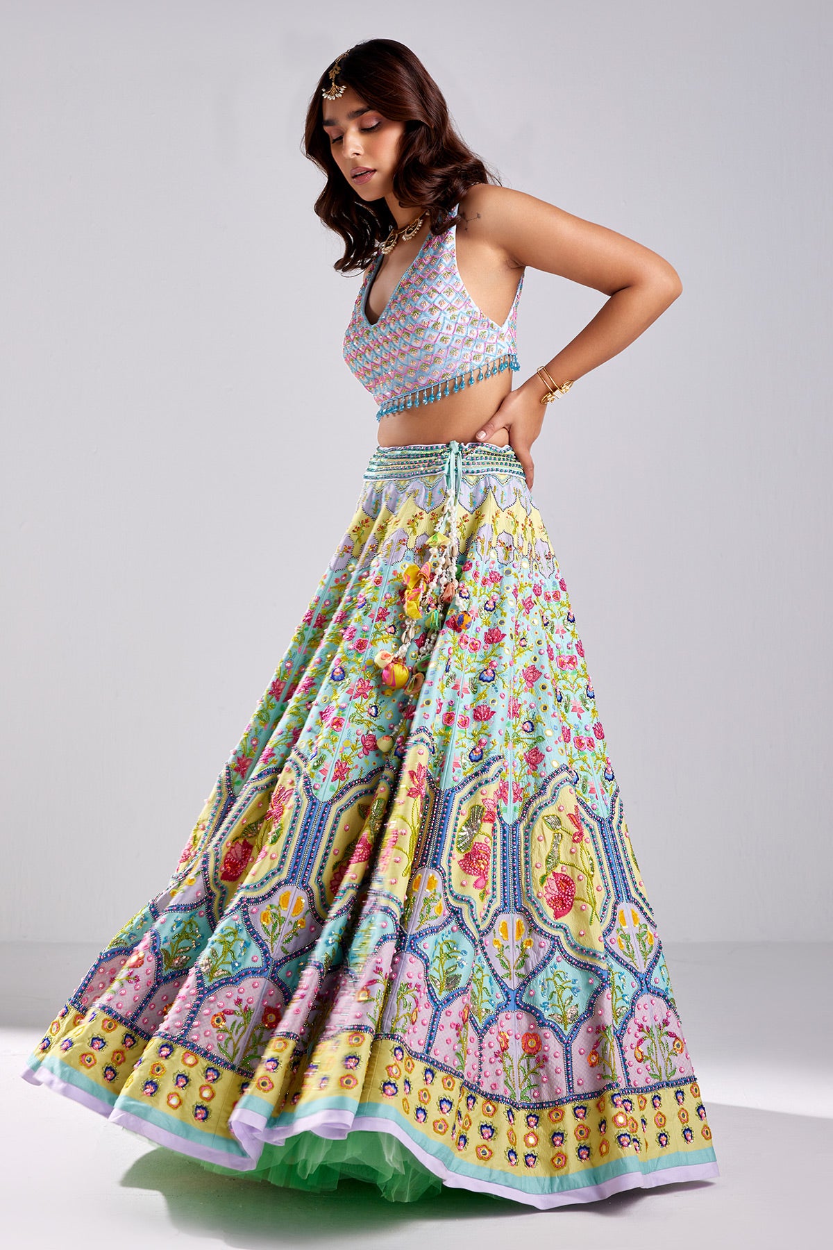 Tiffany Blue Print & Embroidered Lehenga Set