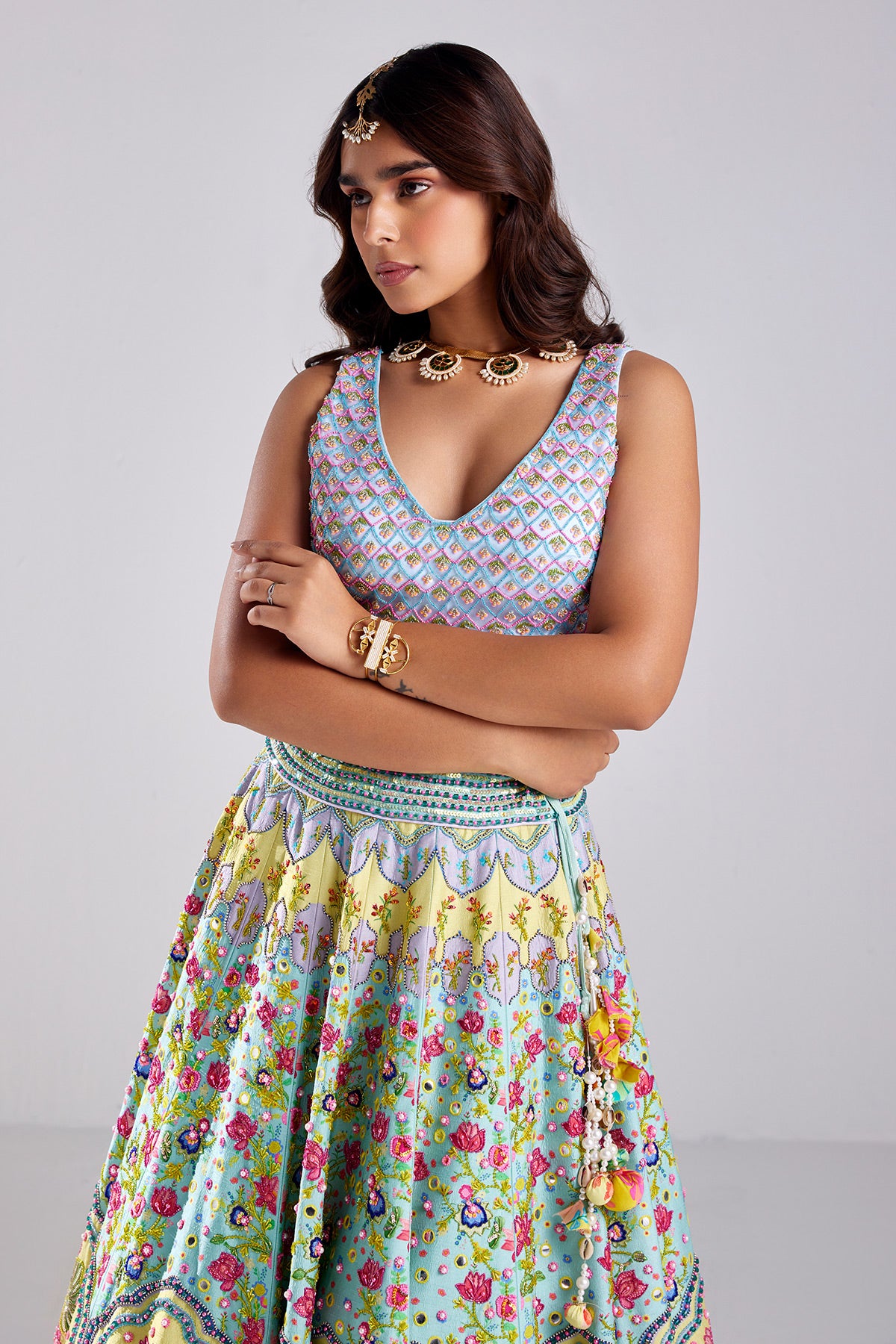 NISHA AGGARWAL IN TIFFANY BLUE PRINT & EMBROIDERED LEHENGA SET