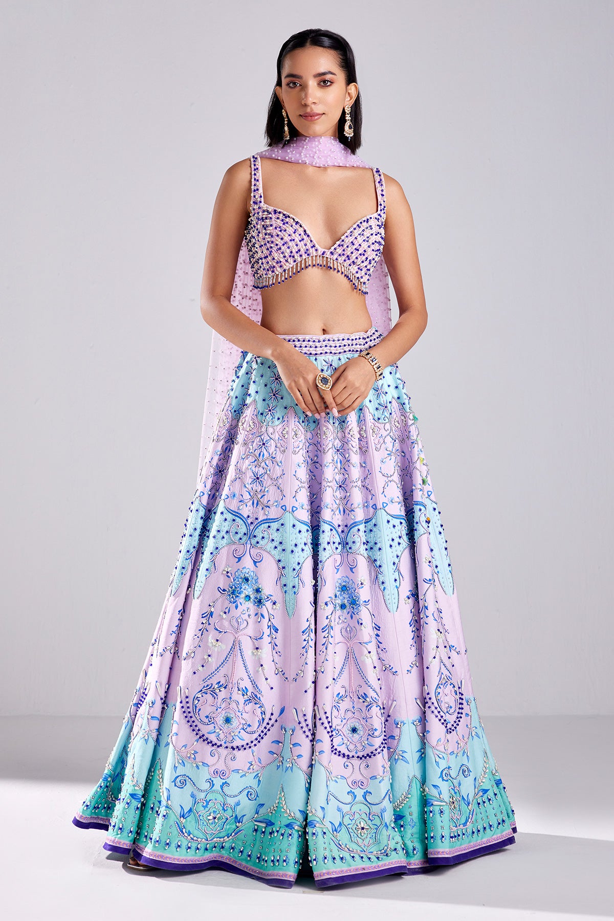 Lilac Traditonal Flower Print & Embroidered Lehenga Set