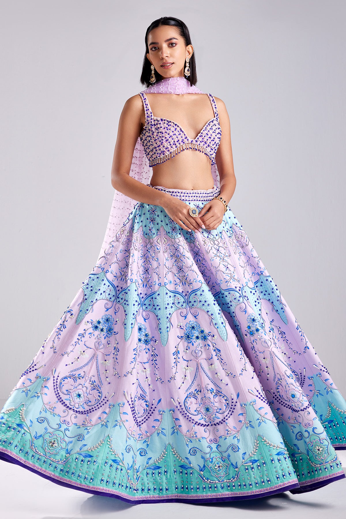 Lilac Traditonal Flower Print & Embroidered Lehenga Set