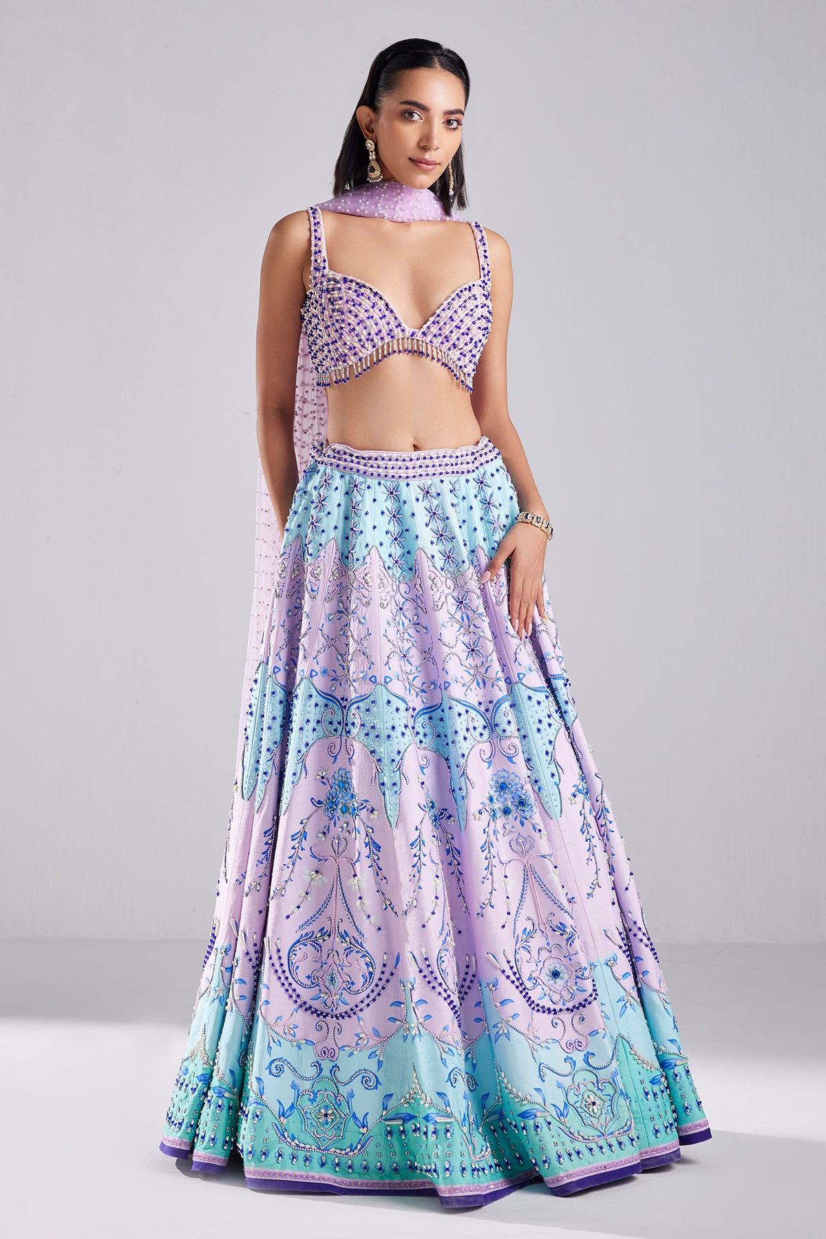 Lilac Traditonal Flower Print & Embroidered Lehenga Set