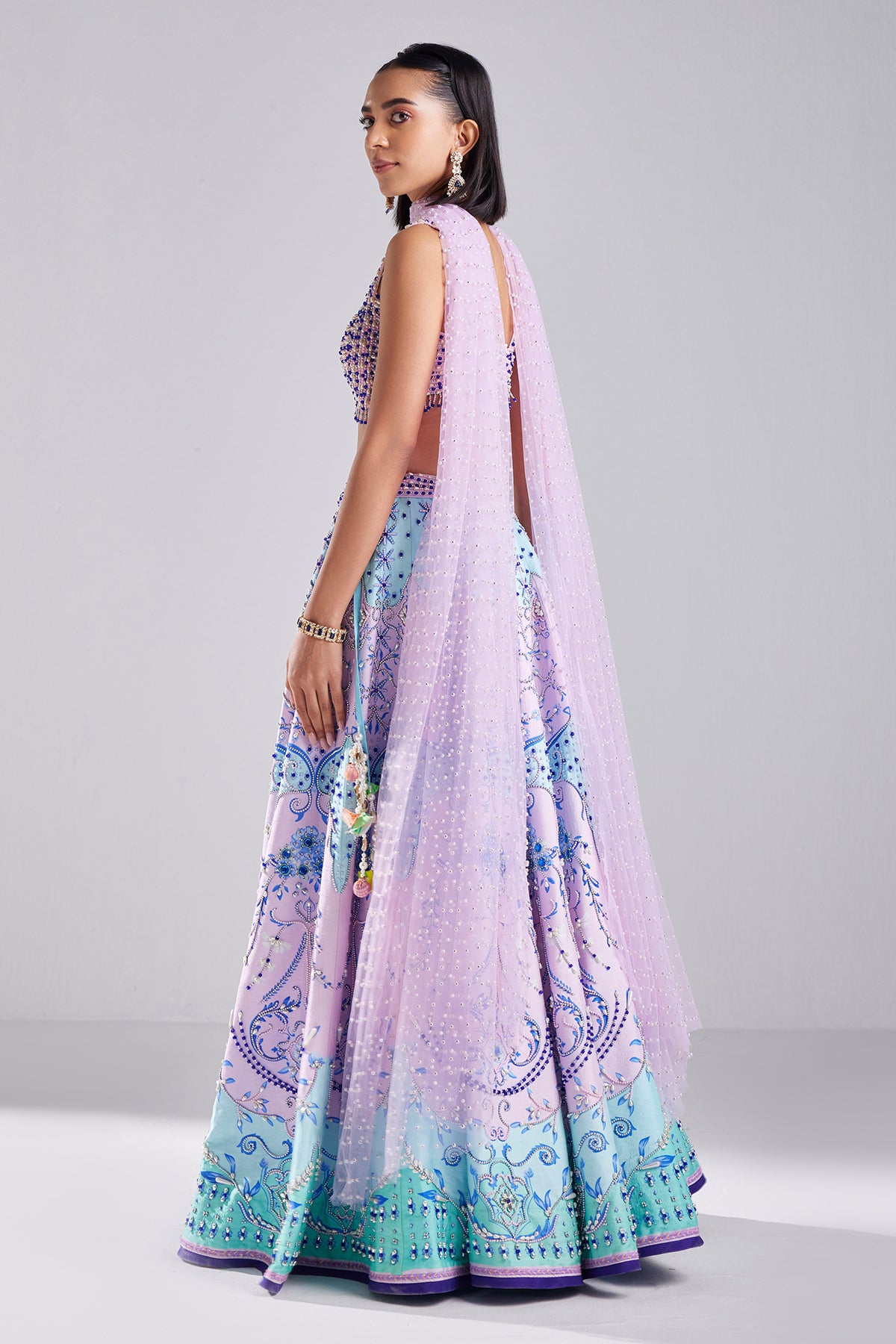 Lilac Traditonal Flower Print & Embroidered Lehenga Set