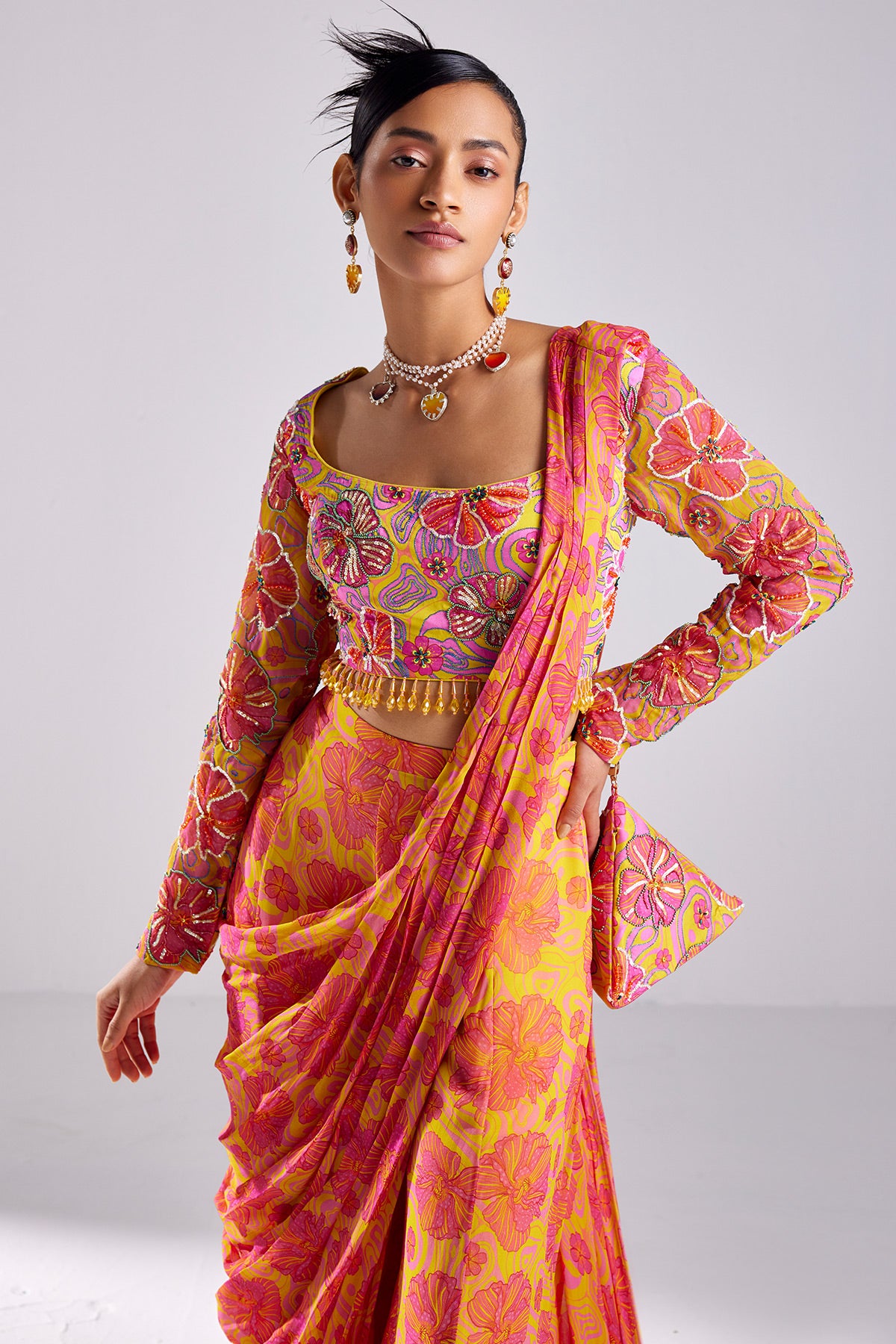 Pink Print & Embroidered Saree Set