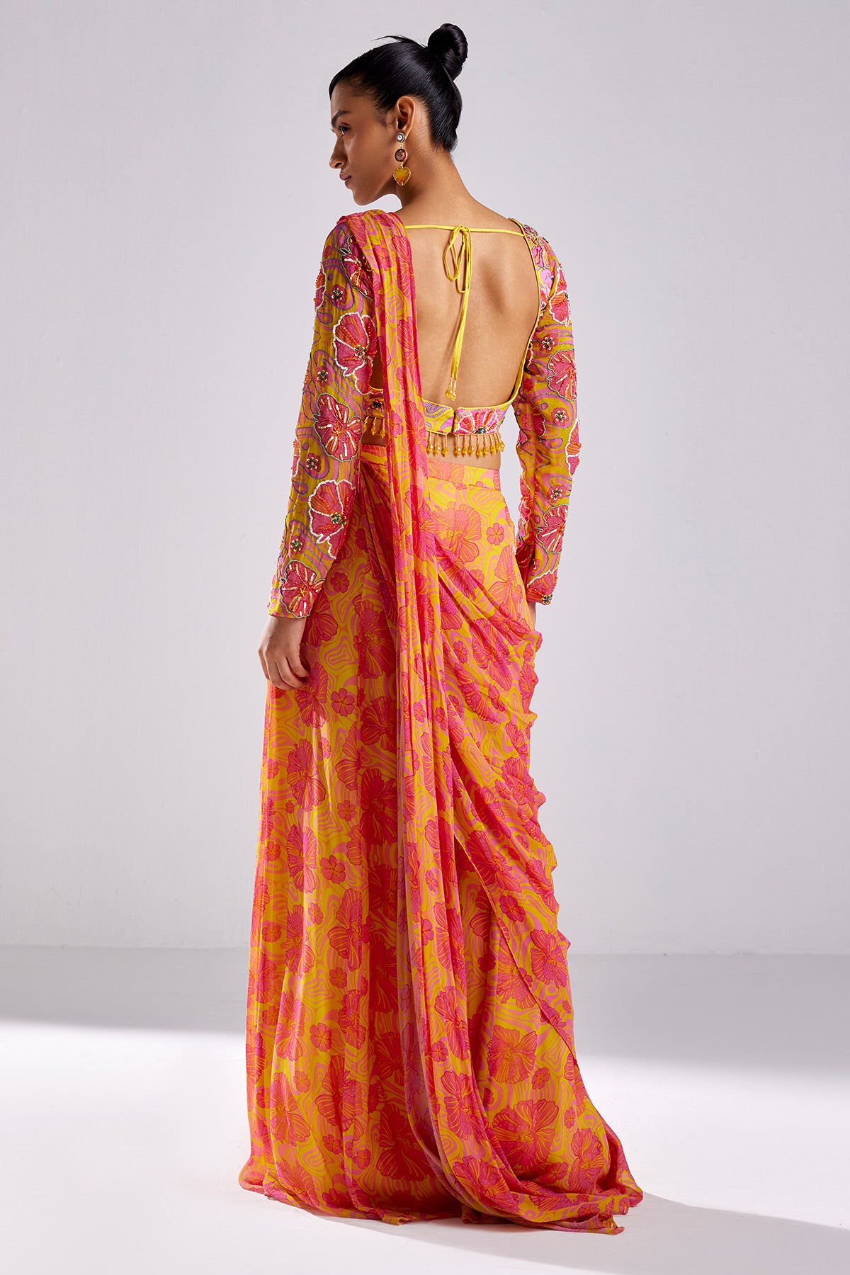 Pink Print & Embroidered Saree Set