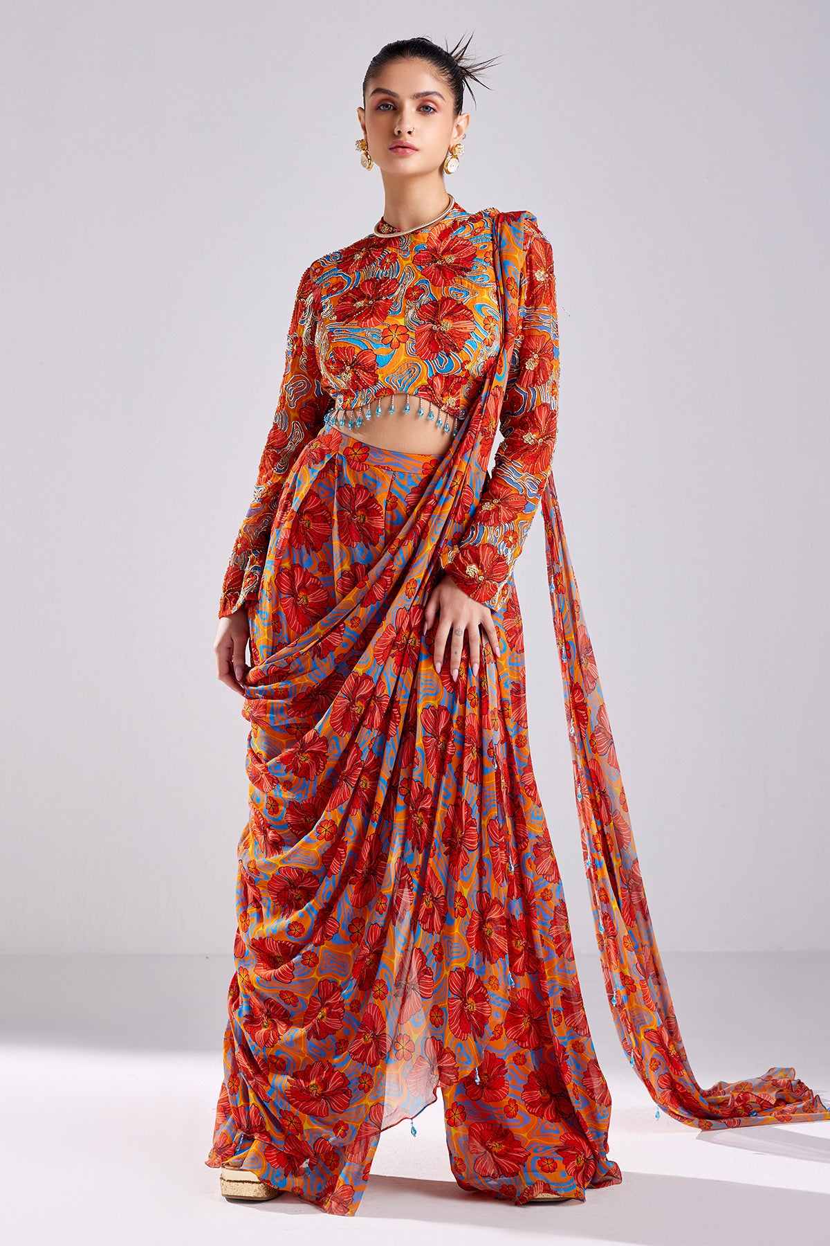 Rust Print & Embroidered Saree Set