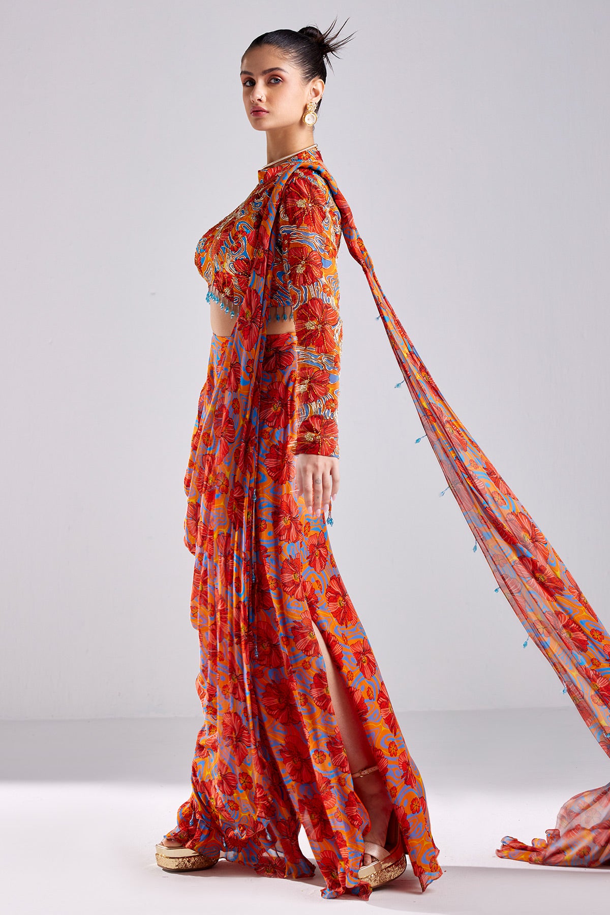 Rust Print & Embroidered Saree Set