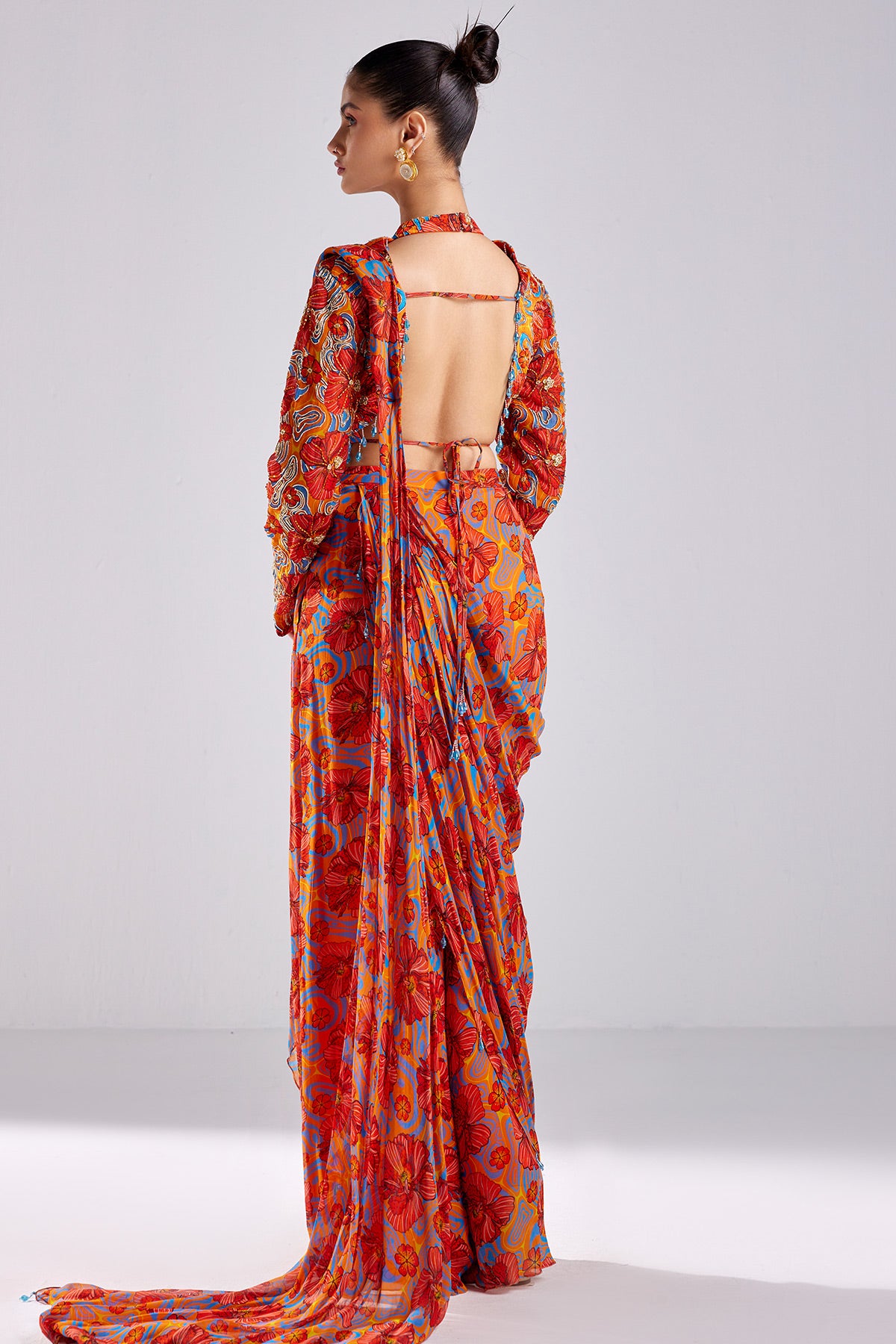 Rust Print & Embroidered Saree Set