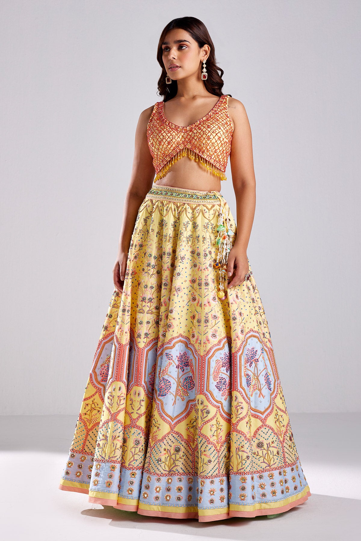 Pastel Yellow Lotus Print & Embroidered Lehenga Set