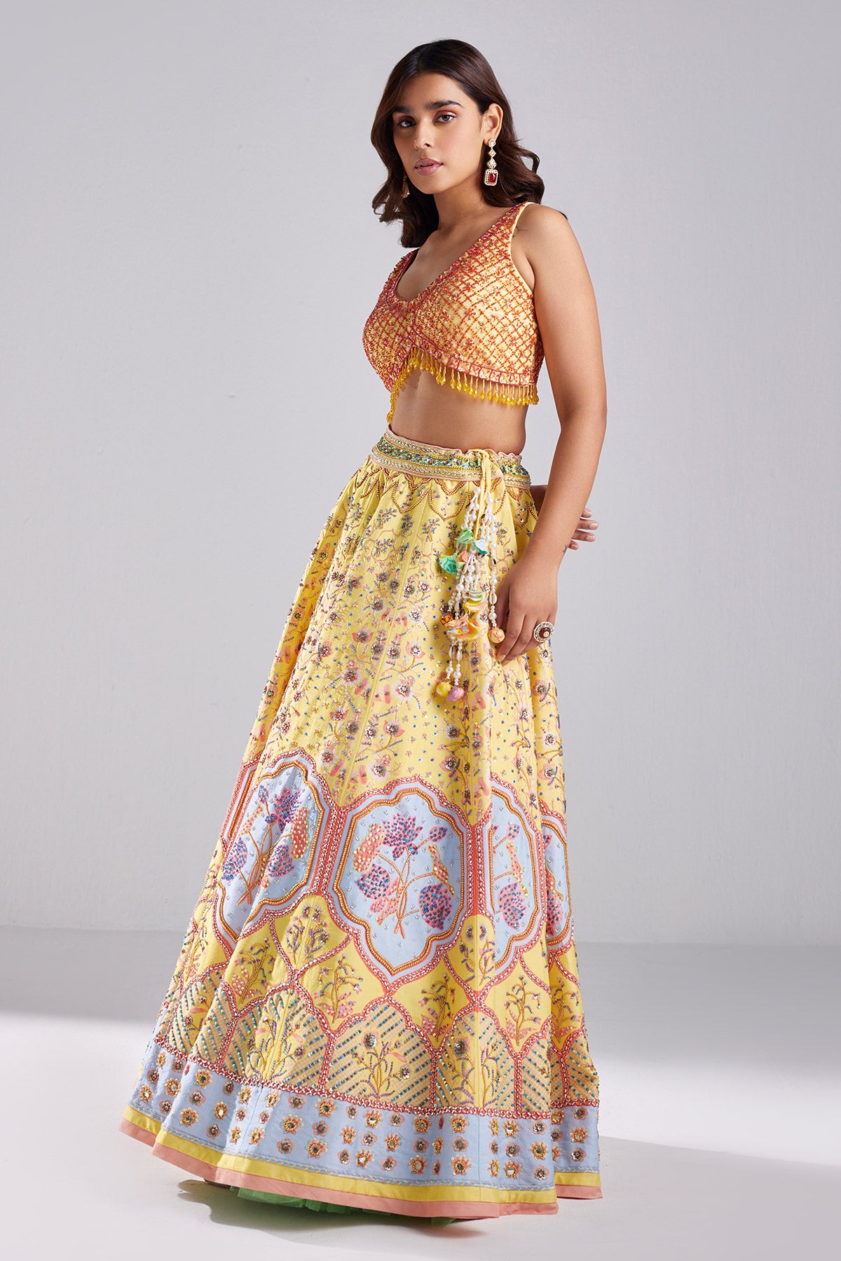 Pastel Yellow Lotus Print & Embroidered Lehenga Set