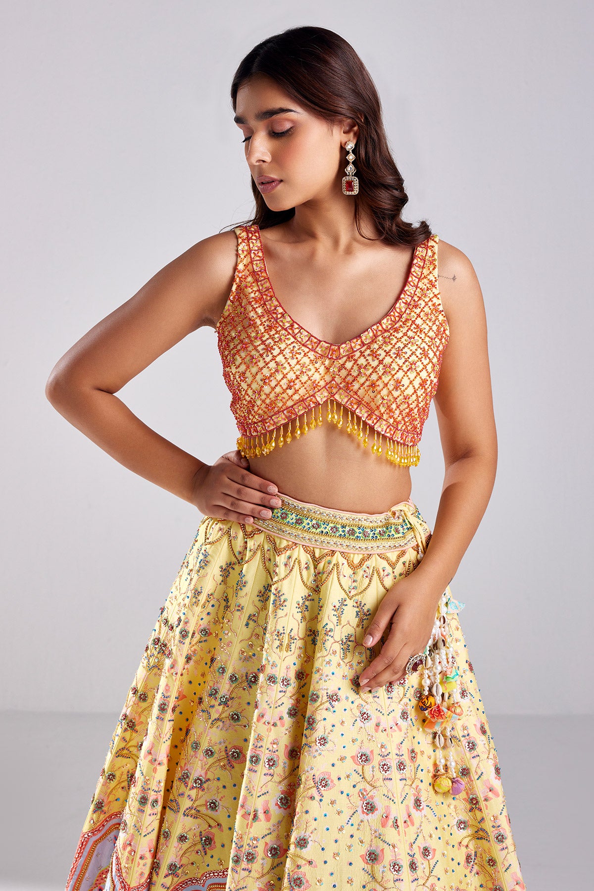 Pastel Yellow Lotus Print & Embroidered Lehenga Set