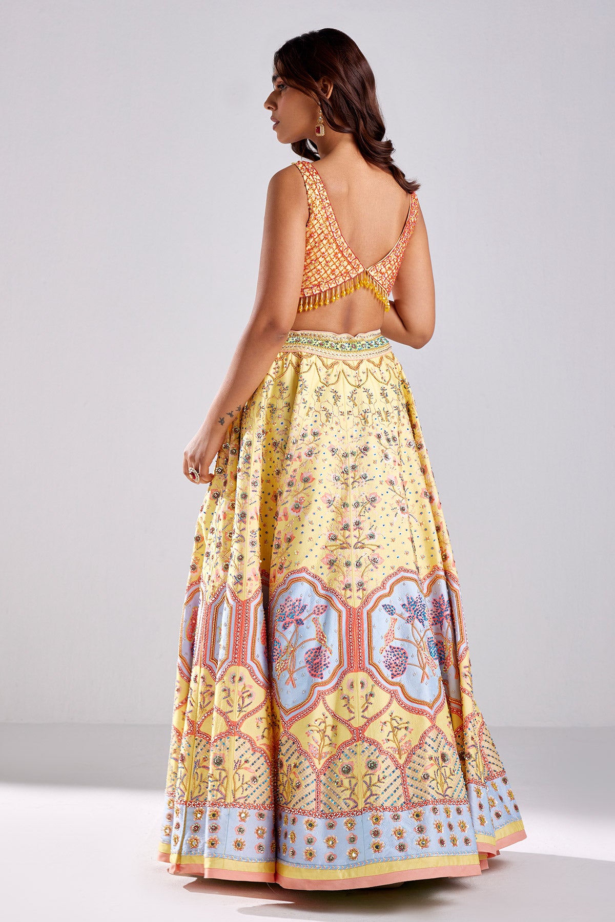 Pastel Yellow Lotus Print & Embroidered Lehenga Set