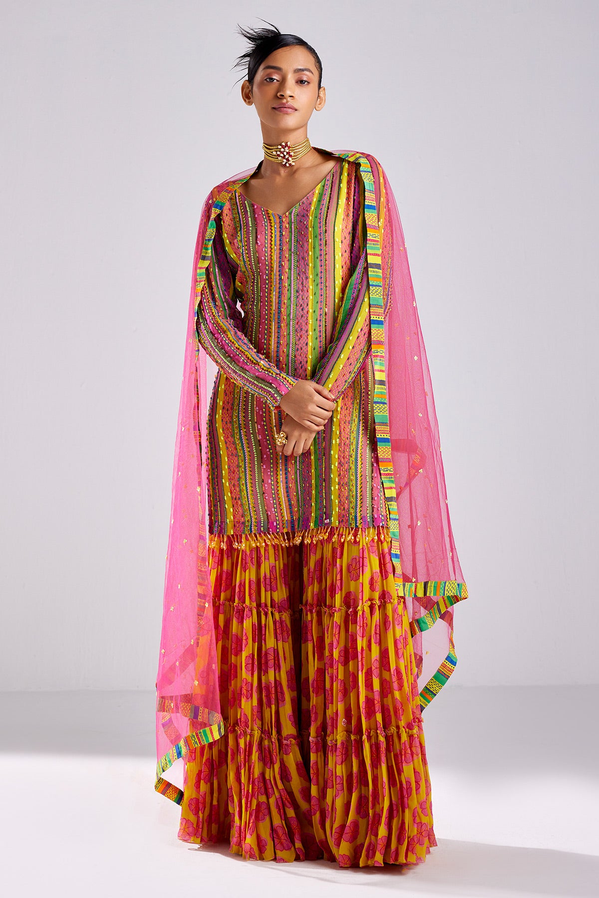 Pink Print  & Embroidered Kurti Set