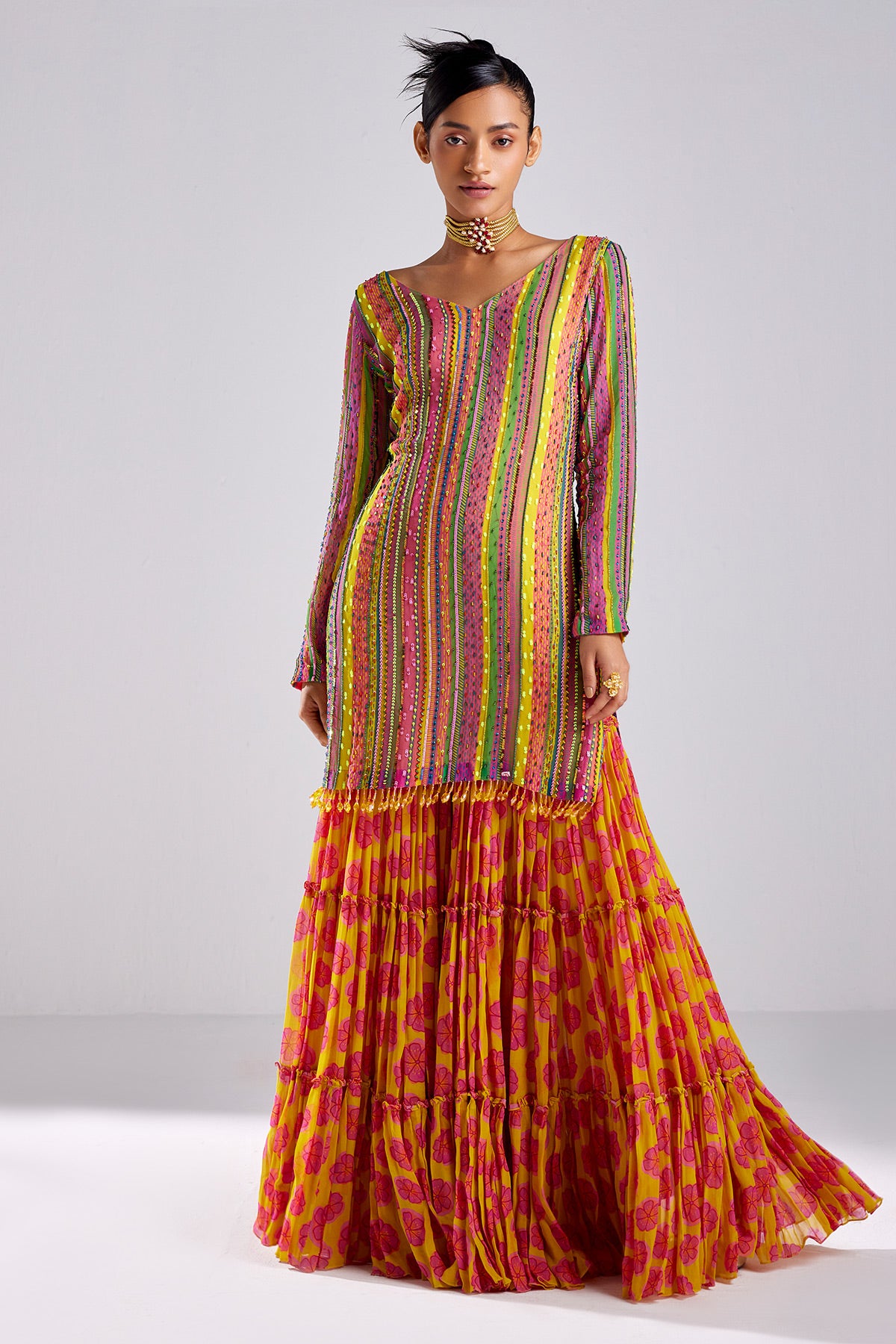 Pink Print  & Embroidered Kurti Set