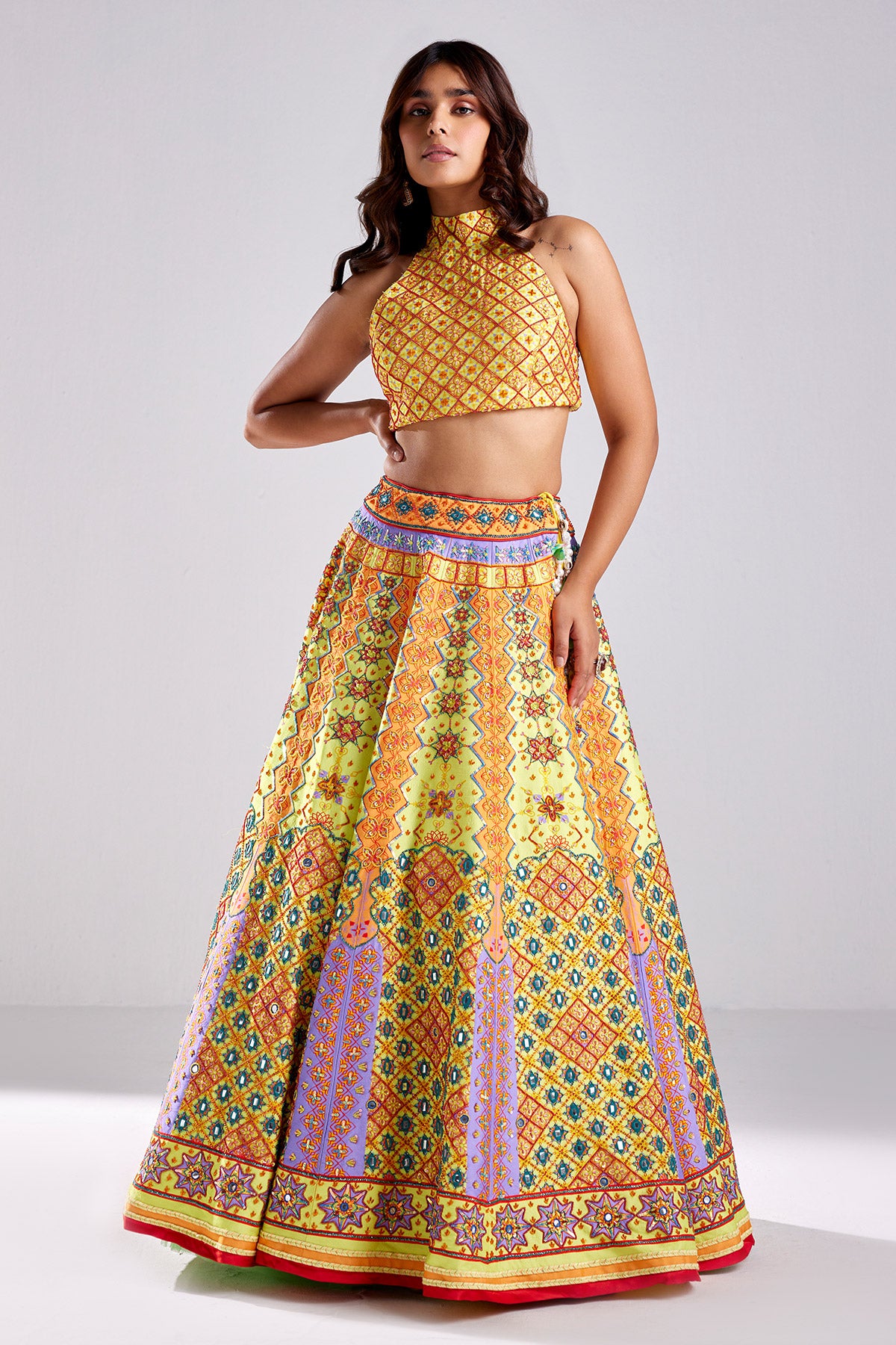 Canary Yellow Geometric Print & Embroidered Lehenga Set