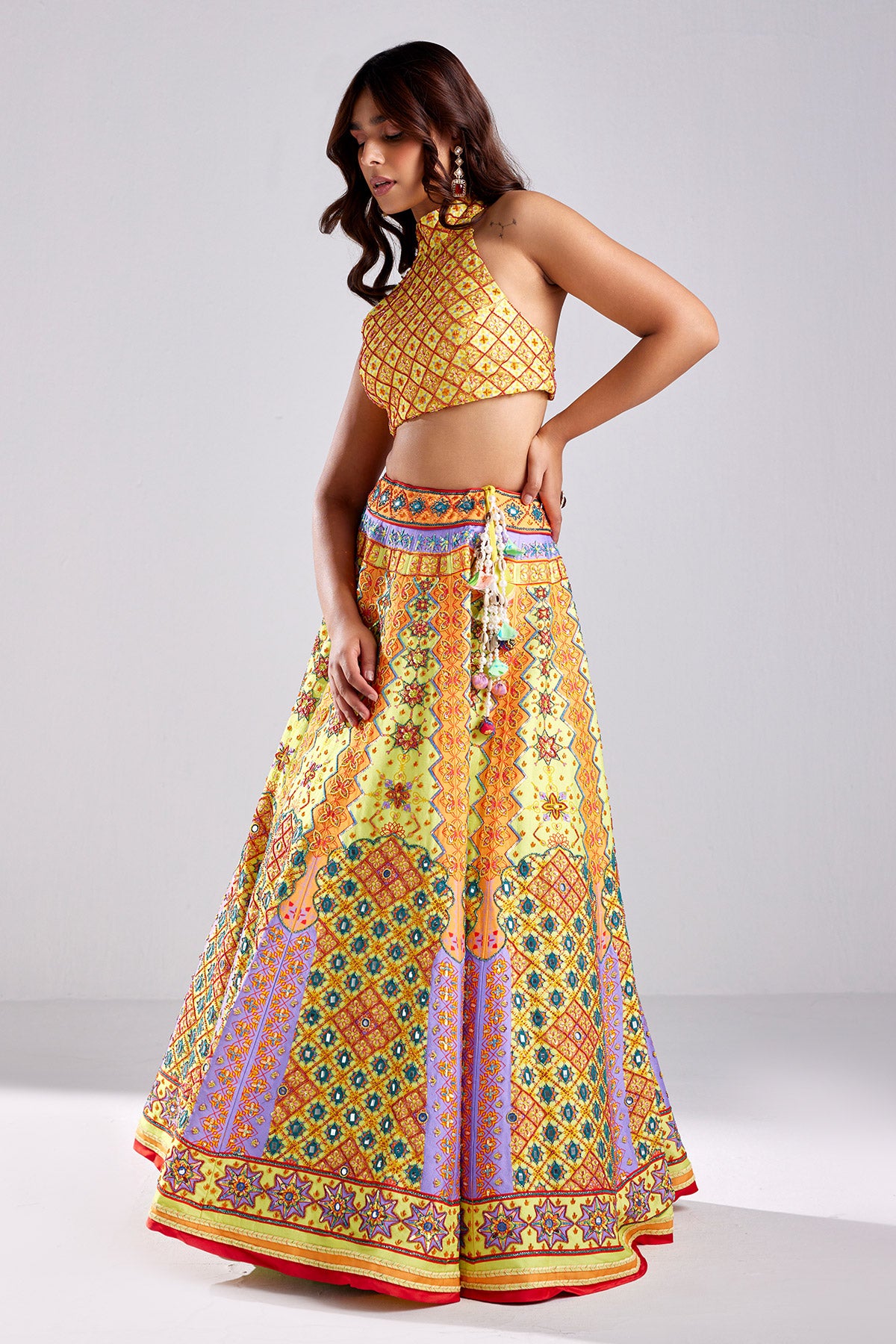 Canary Yellow Geometric Print & Embroidered Lehenga Set