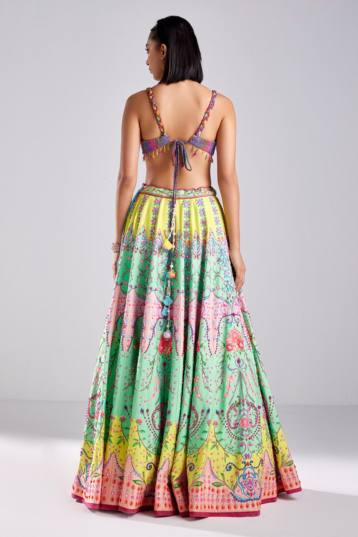 Neon Traditional Flower Print & Embroidered Lehenga Set