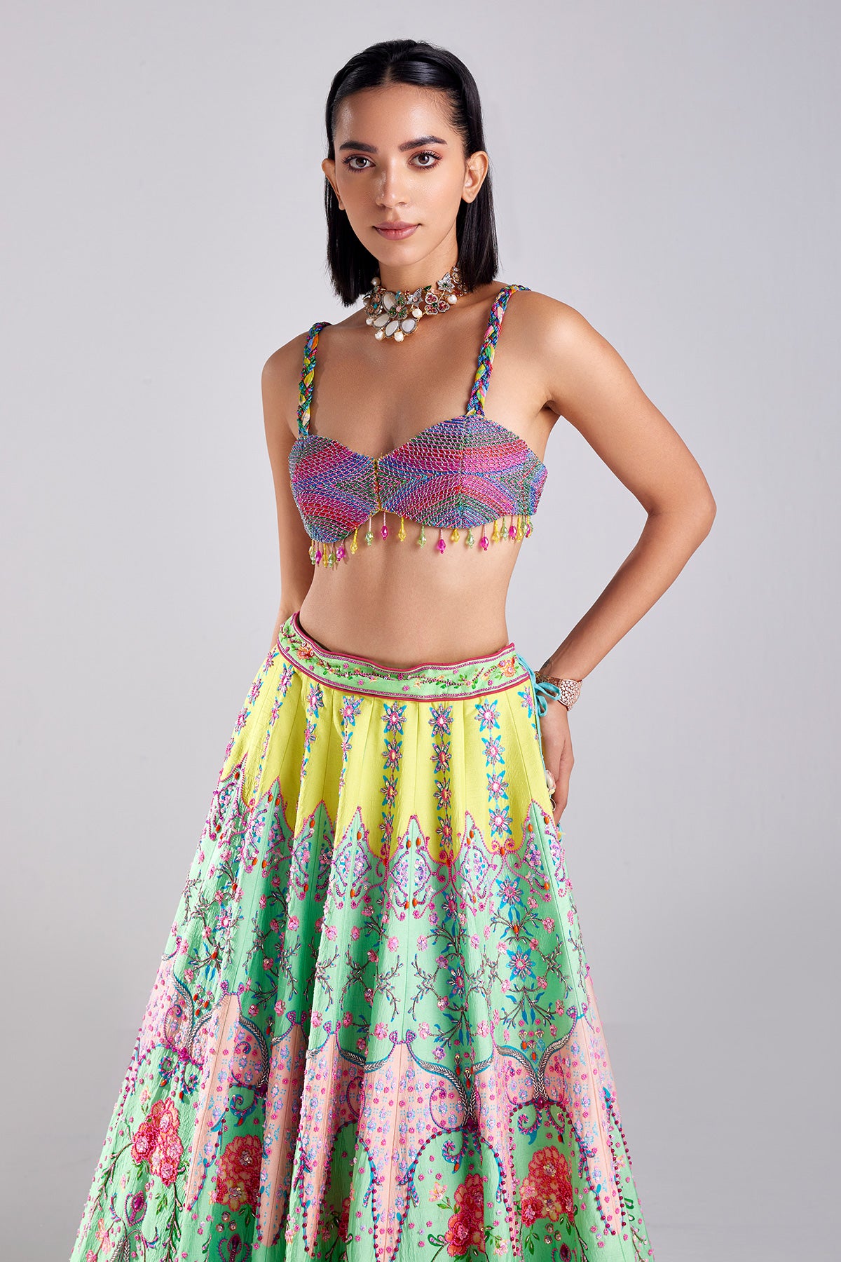 Neon Traditional Flower Print & Embroidered Lehenga Set