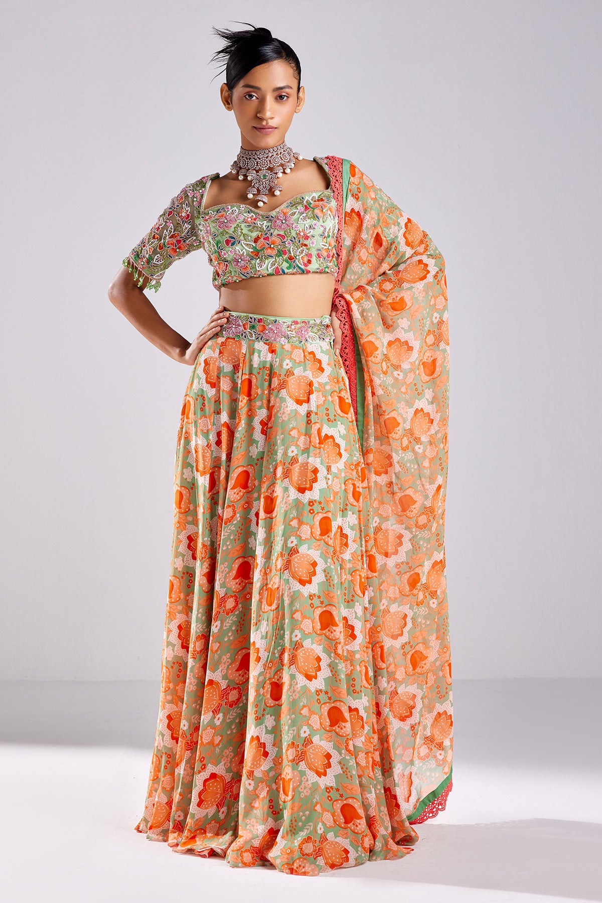 Mint Green  Print & Emboidered Lehenga Set