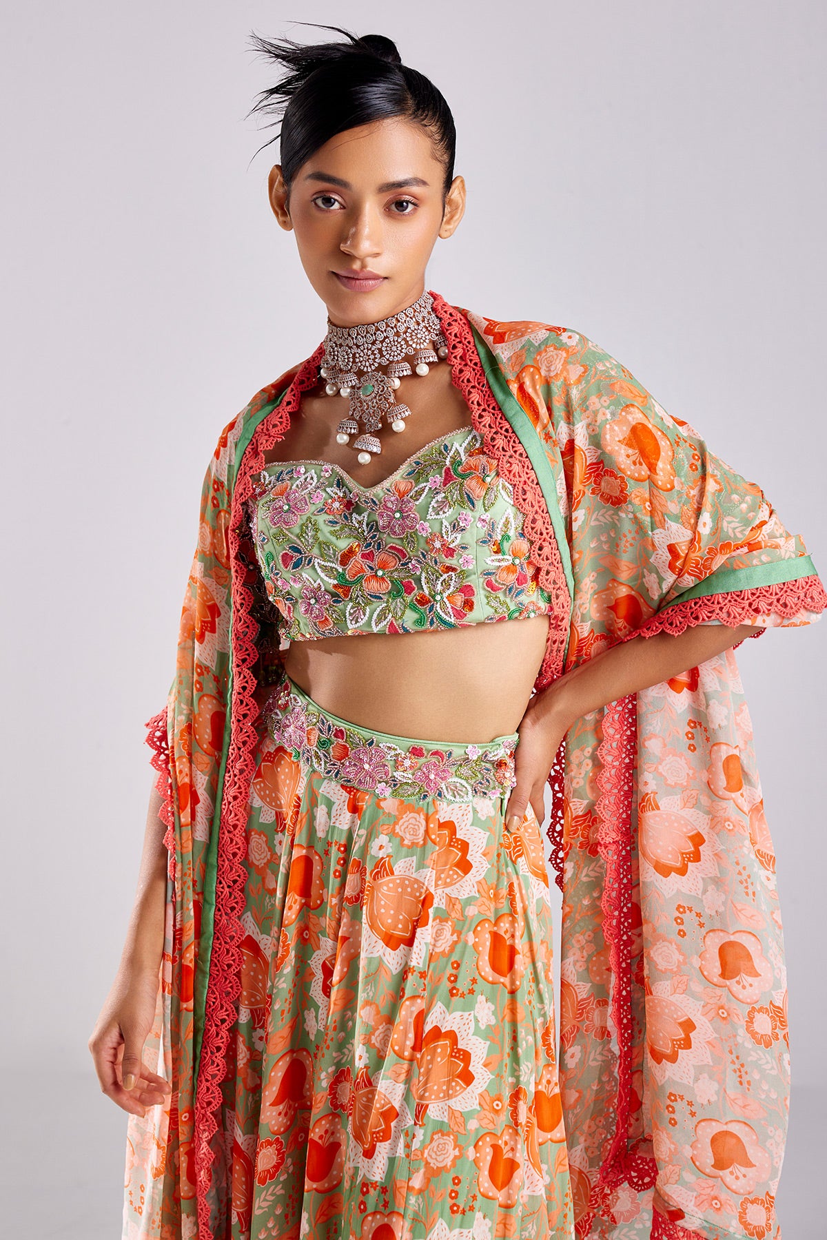 Mint Green Print & Emboidered Lehenga Set