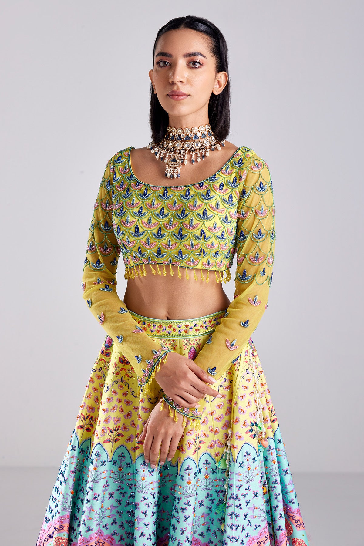 Pastel Yellow Floral & Embroidered Lehenga Set