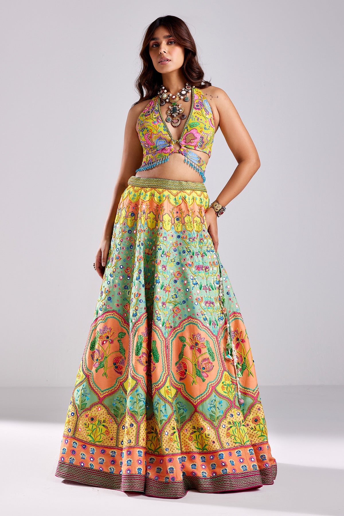 Sage Green Lotus Print & Embroidered Lehenga Set