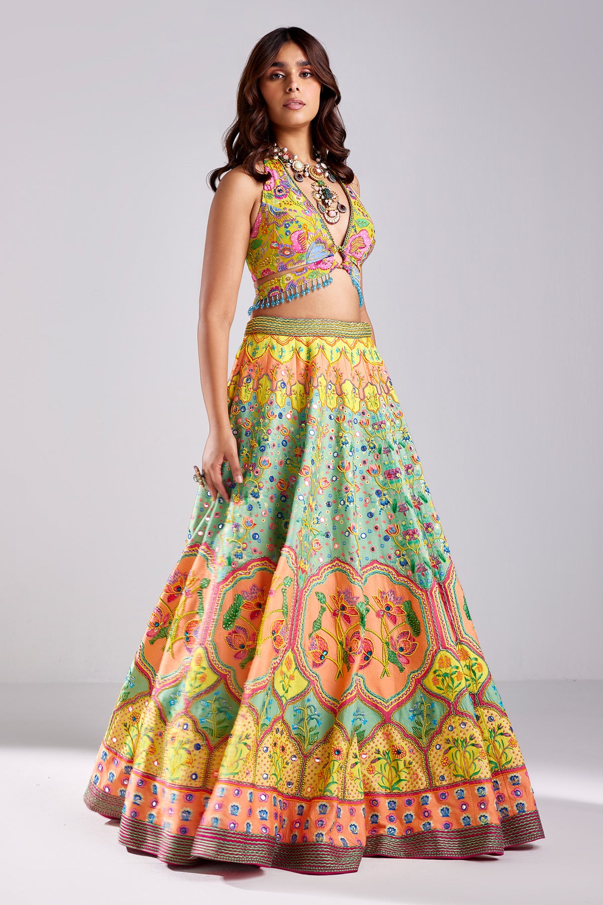 Sage Green Lotus Print & Embroidered Lehenga Set