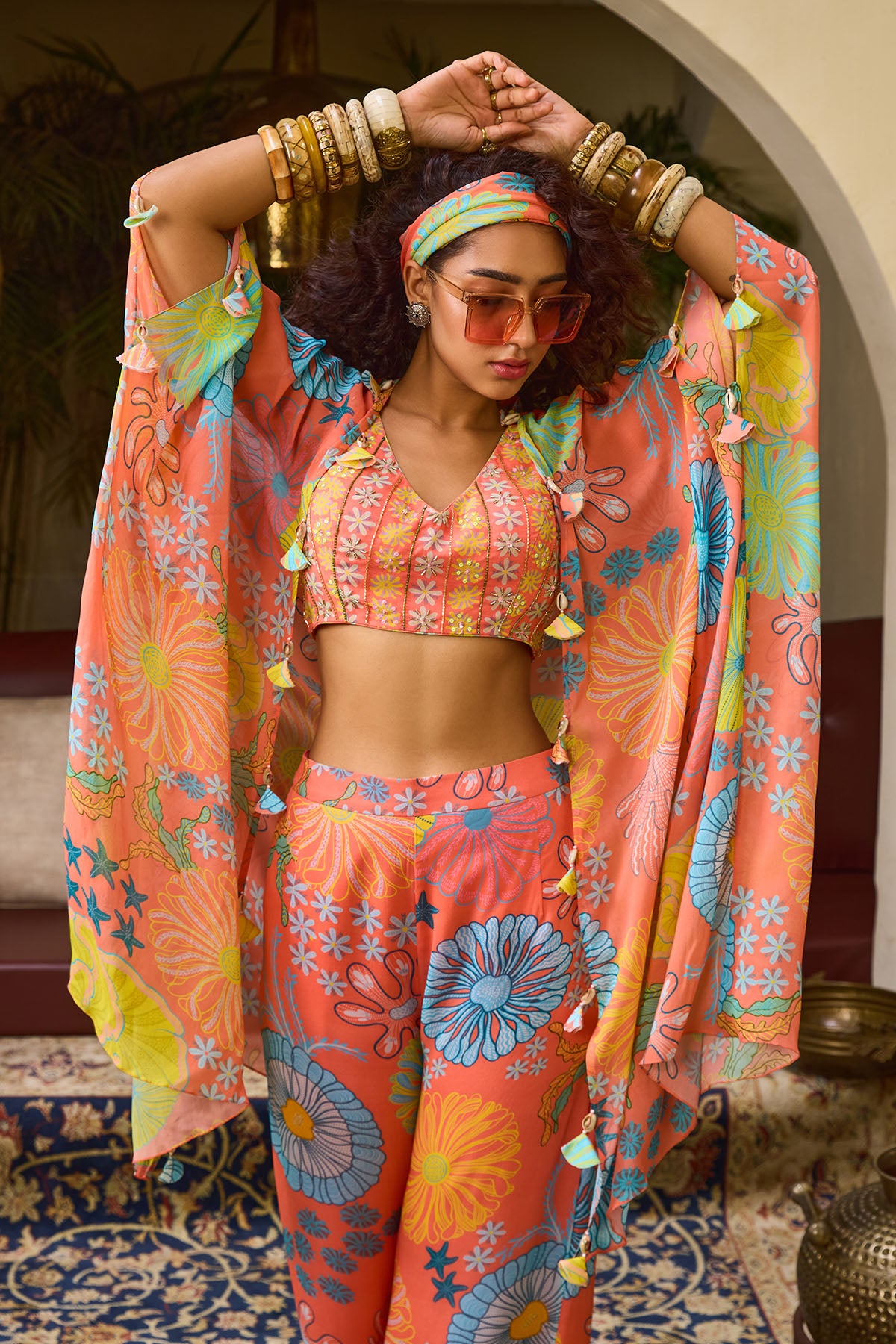 PEACH FLORAL BLOUSE WITH PANTS AND CAPE SET