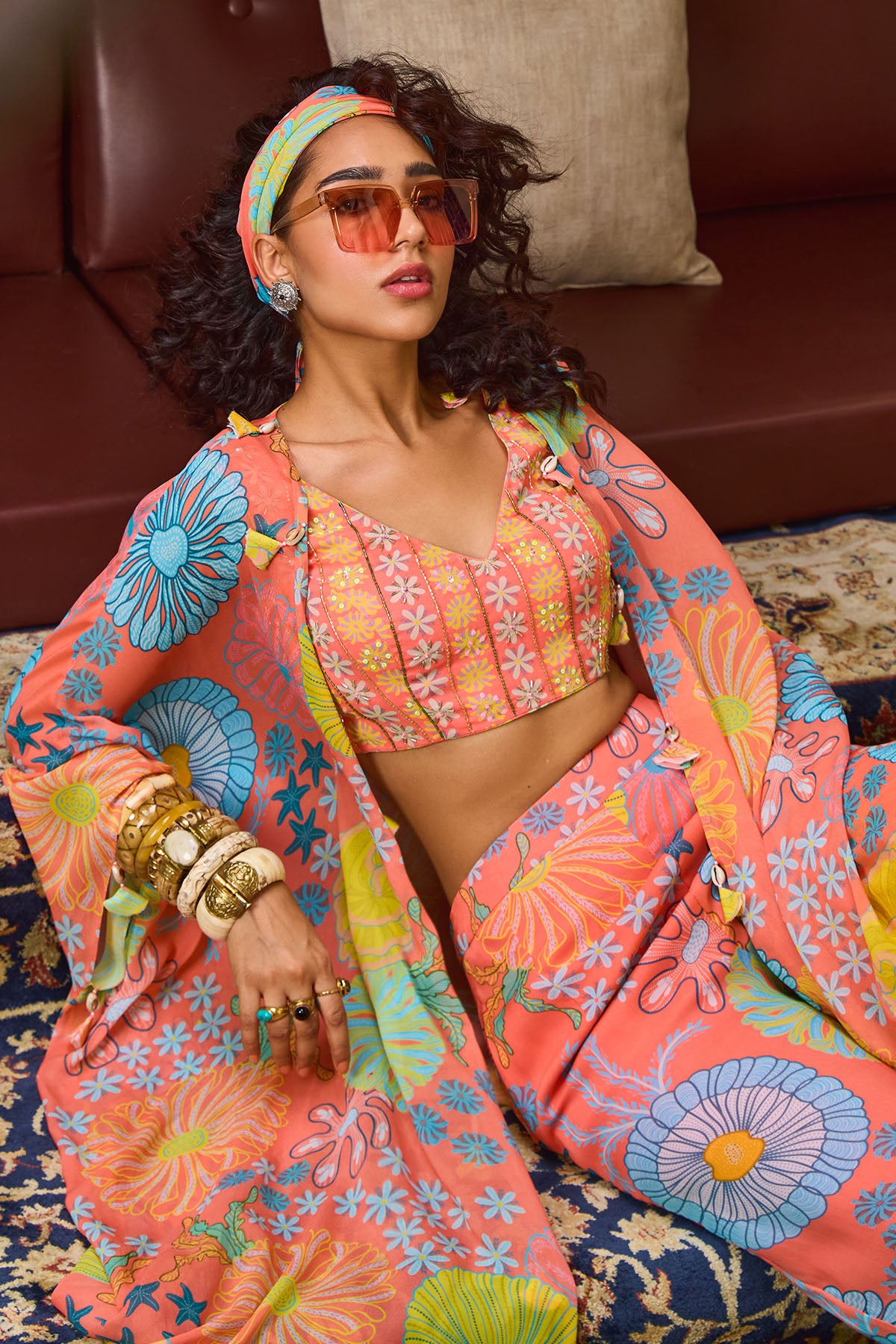 PEACH FLORAL BLOUSE WITH PANTS AND CAPE SET