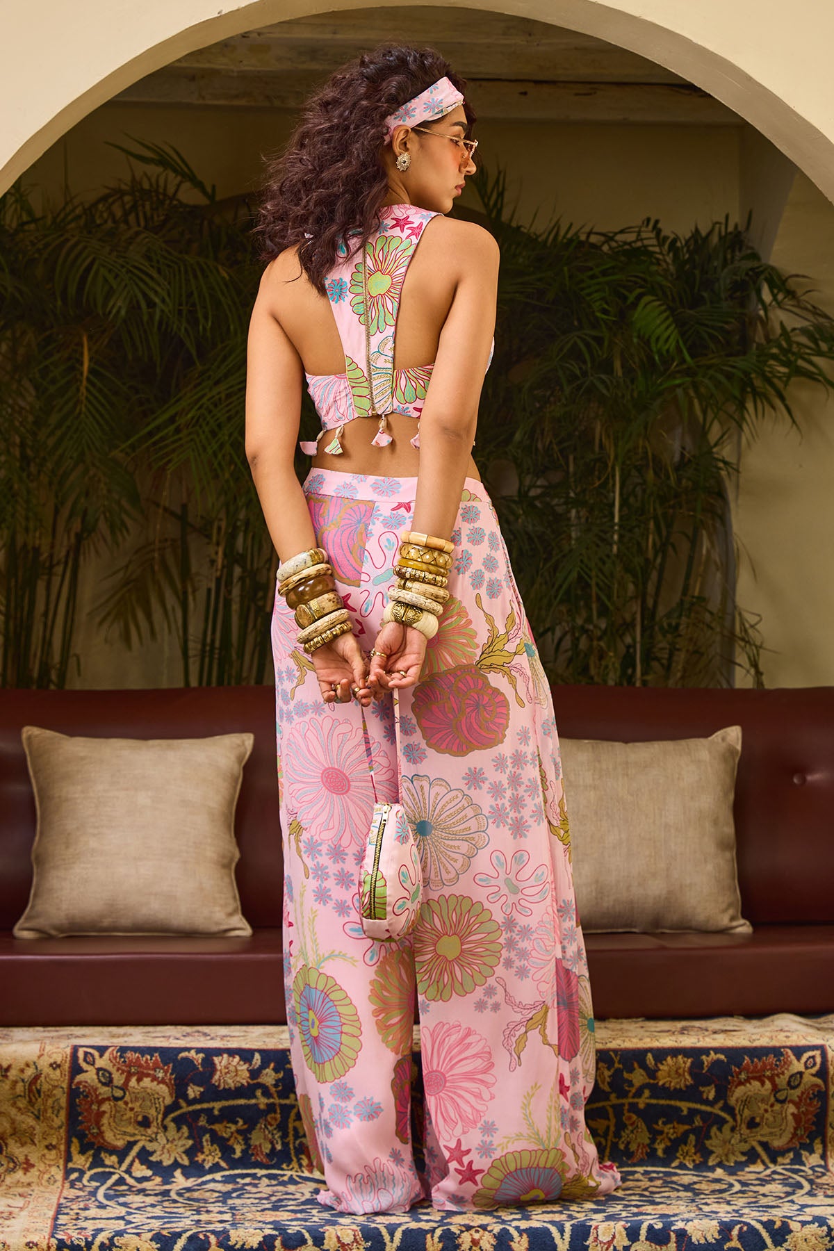 PINK YOKE TOP PAIRED WITH BOX PLEAT PANTS