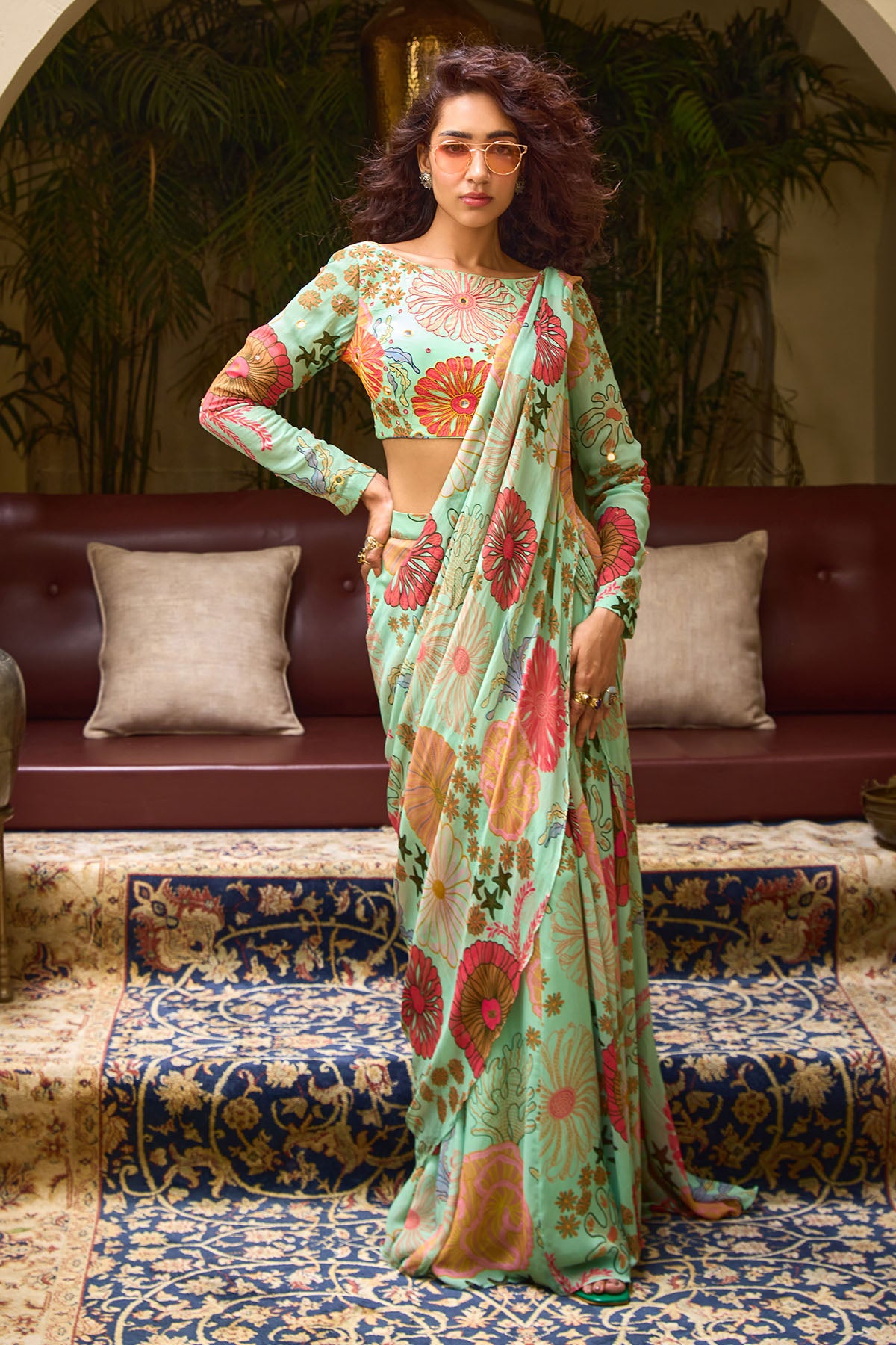 MINT GREEN FLORAL PRINT SKIRT SAREE SET