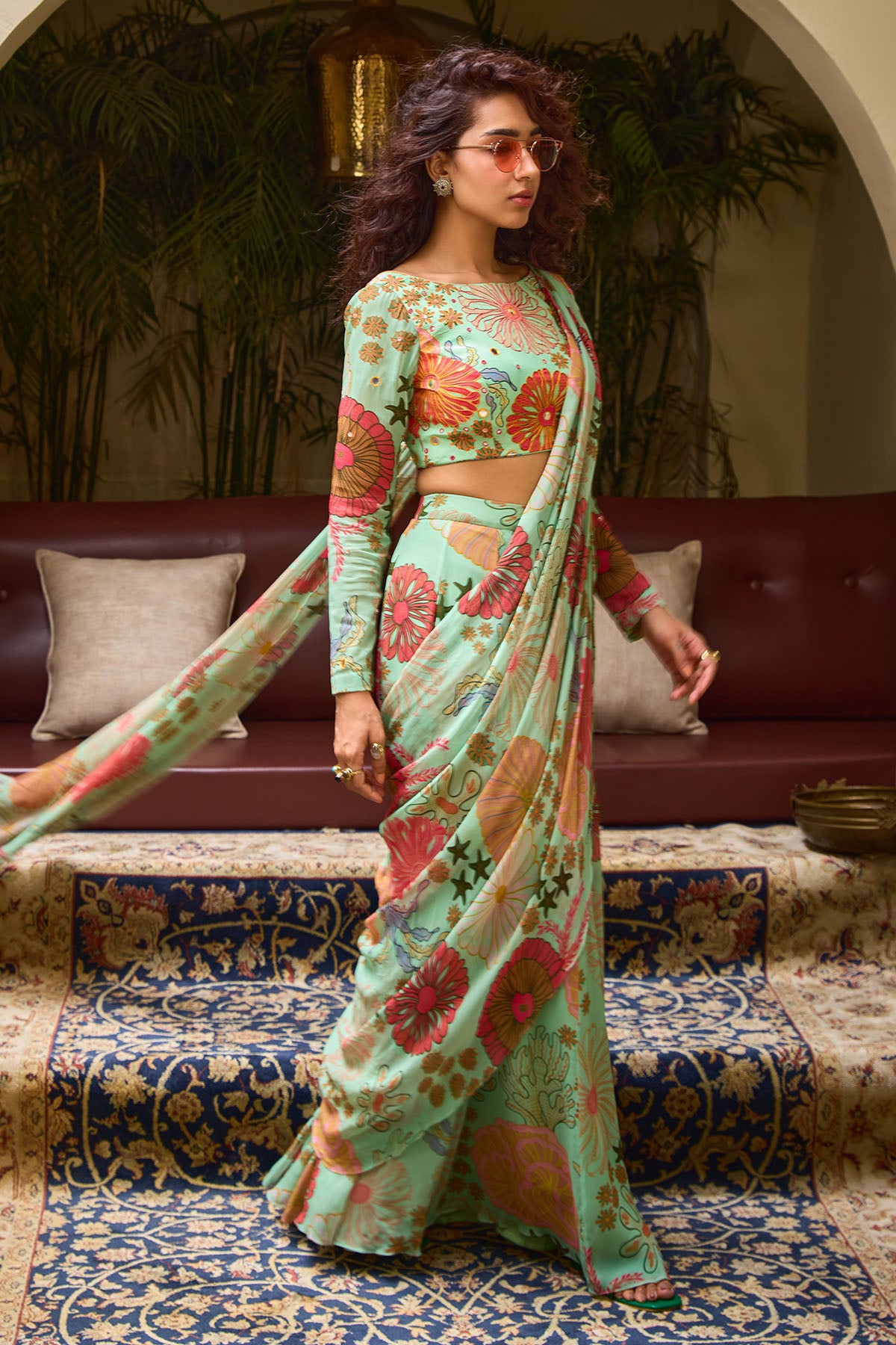 MINT GREEN FLORAL PRINT SKIRT SAREE SET