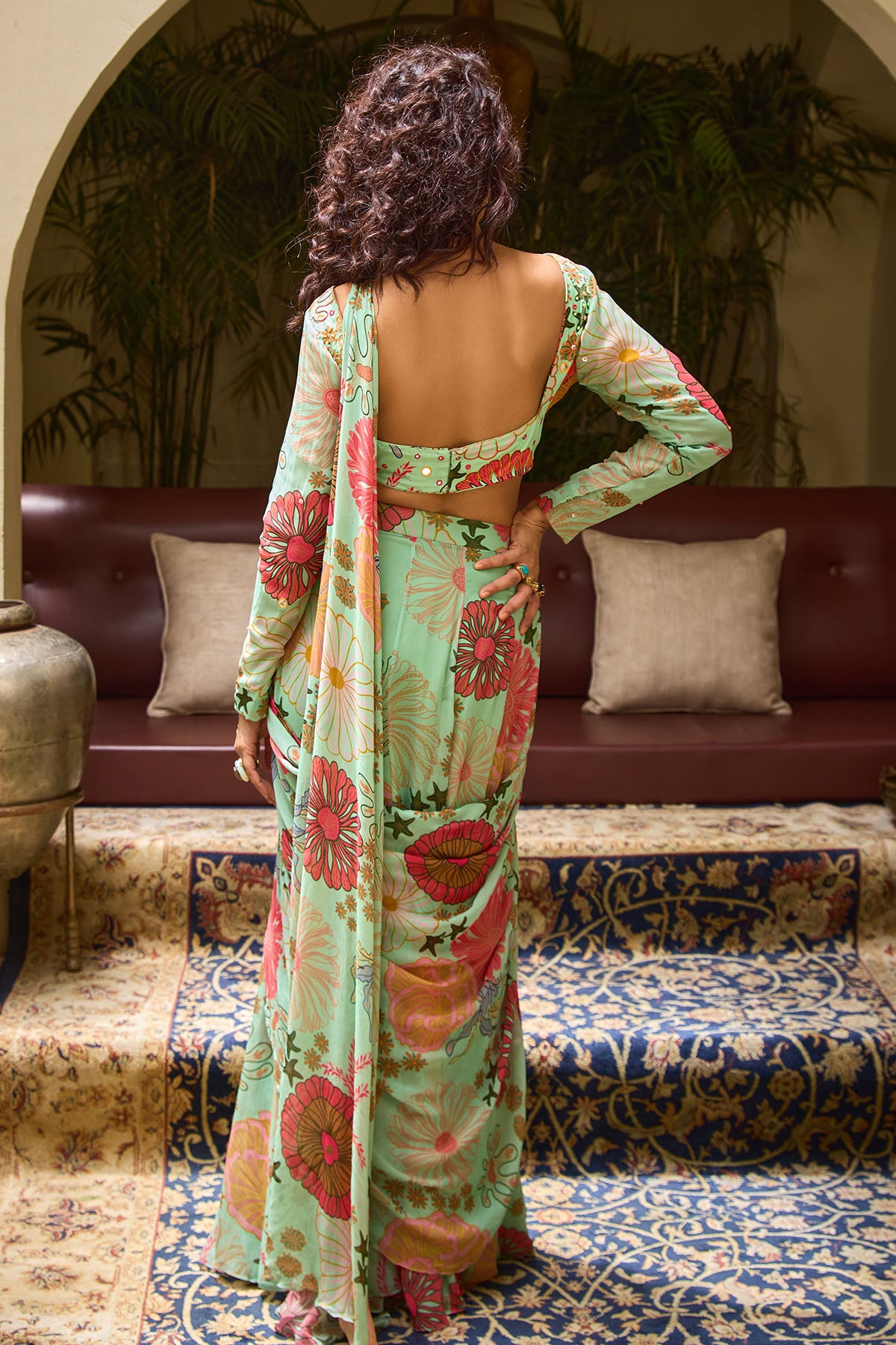 MINT GREEN FLORAL PRINT SKIRT SAREE SET