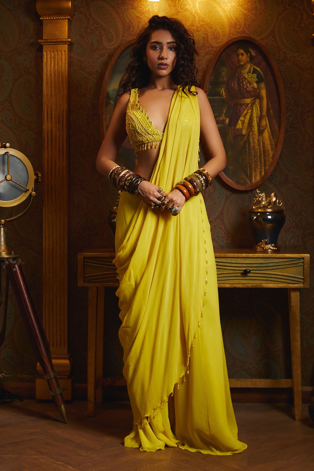 YELLOW EMBROIDERED PANT SAREE SET