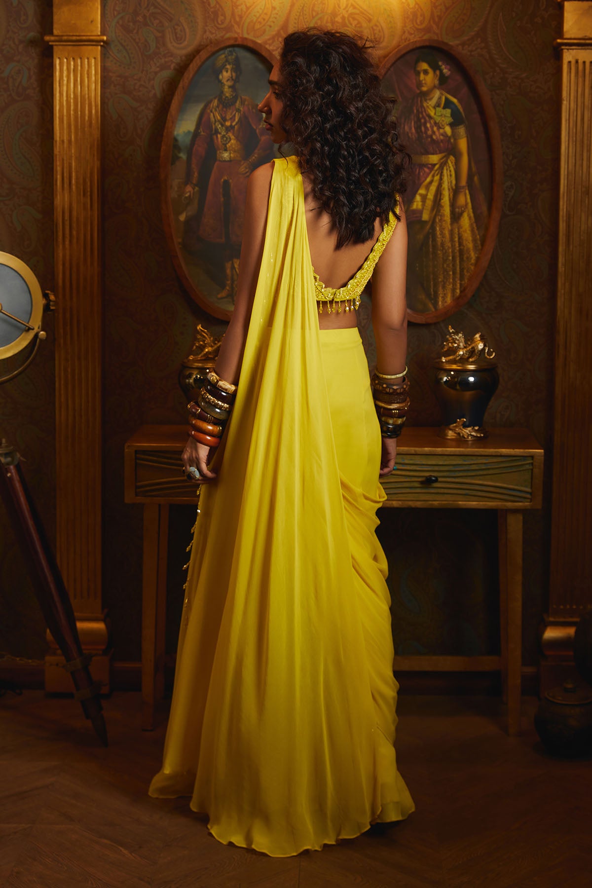 YELLOW EMBROIDERED PANT SAREE SET