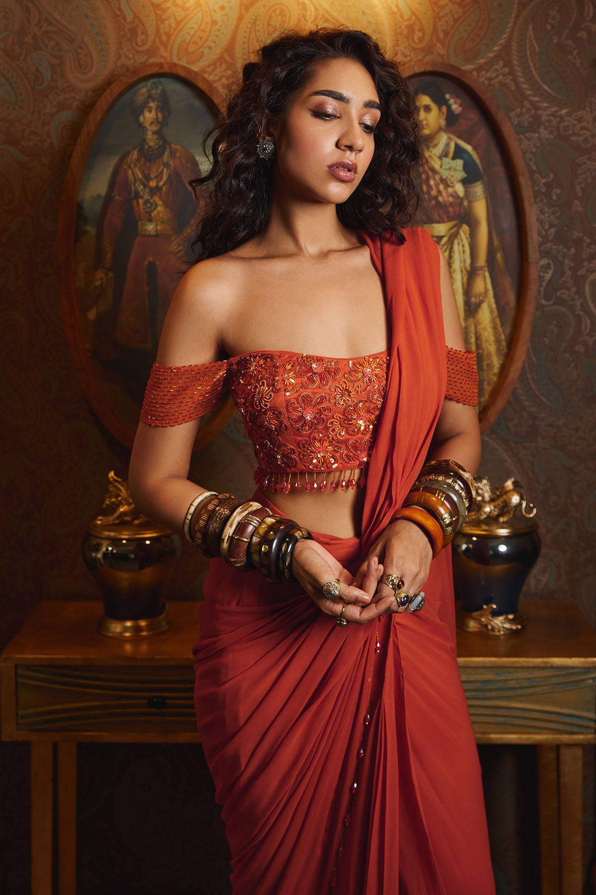 RUST ORANGE OFF SHOULDER  BLOUSE SKIRT SAREE