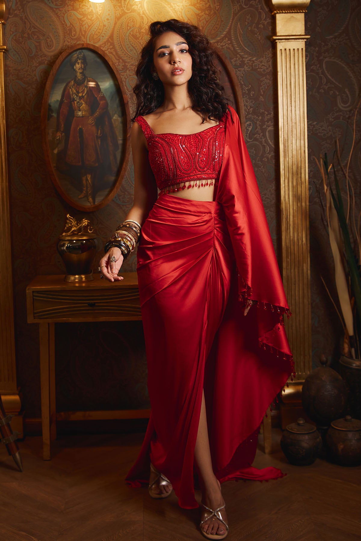 RED EMBROIDERED SKIRT SAREE SET