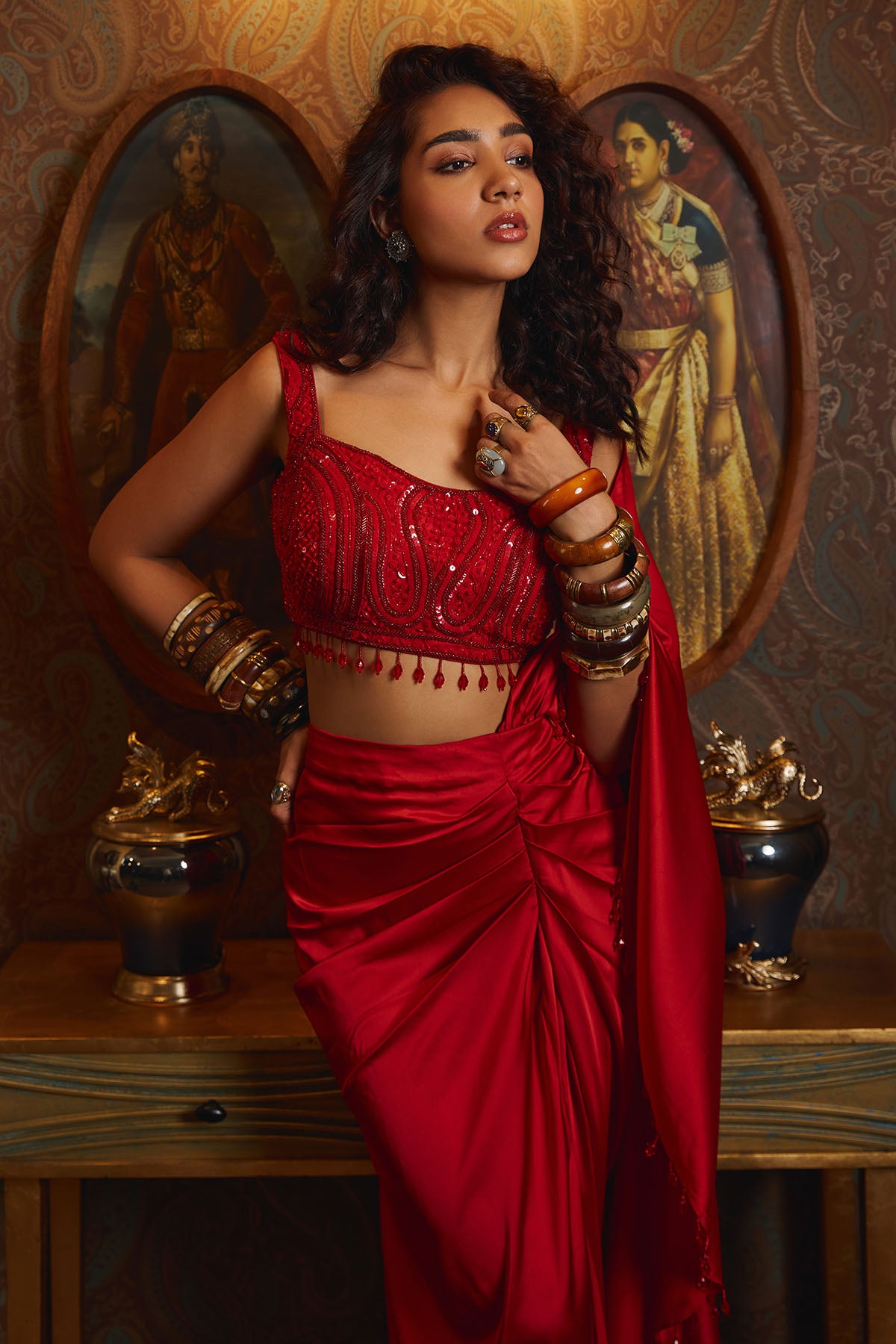 RED EMBROIDERED SKIRT SAREE SET