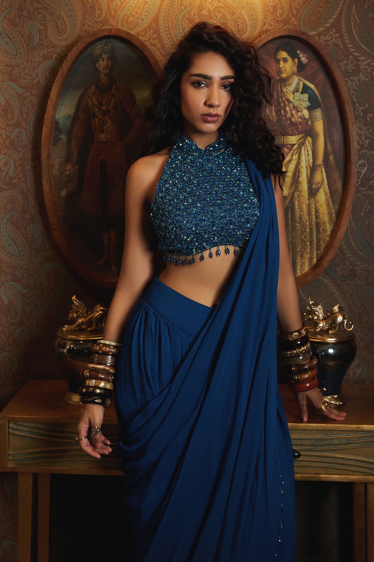 TEAL EMBROIDERED PANT SAREE SET