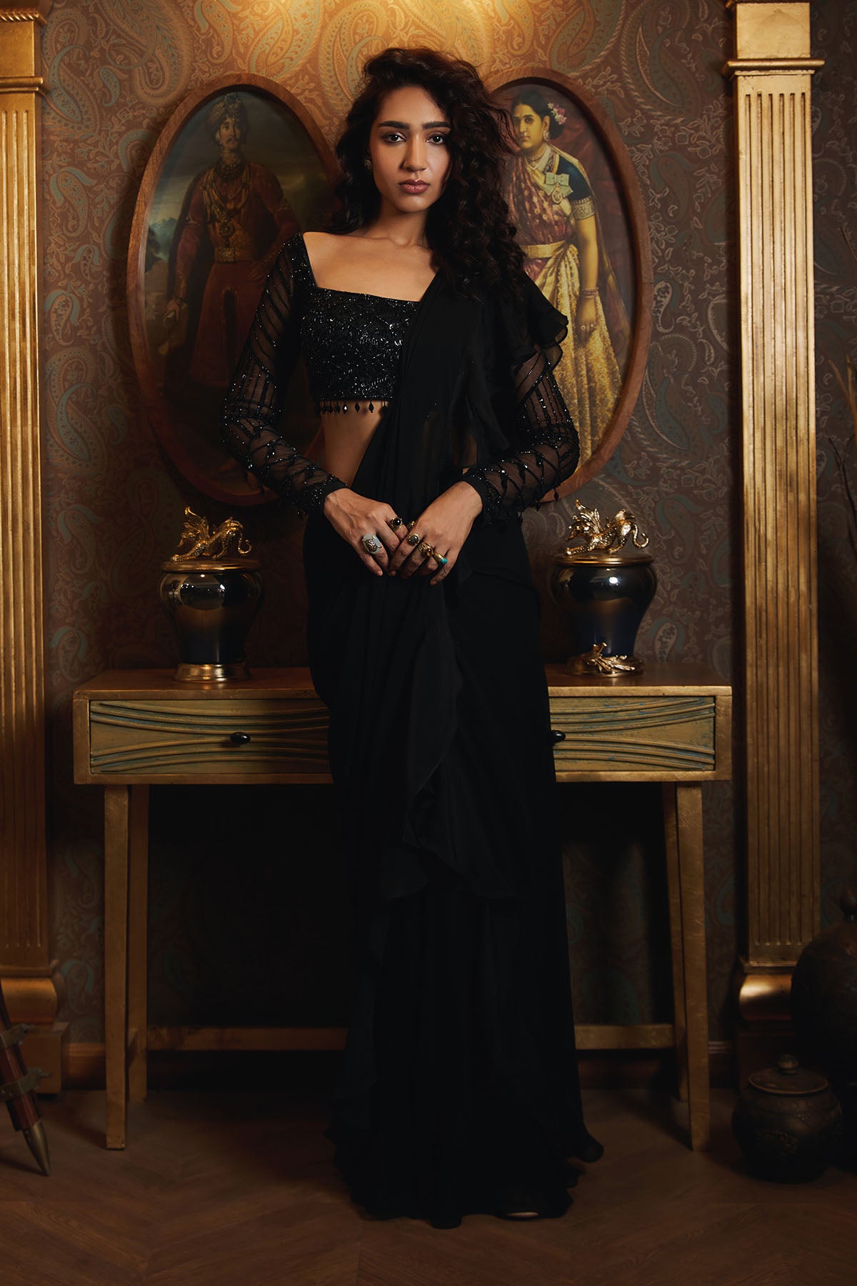 BLACK ORGANZA RUFFLE SAREE SET